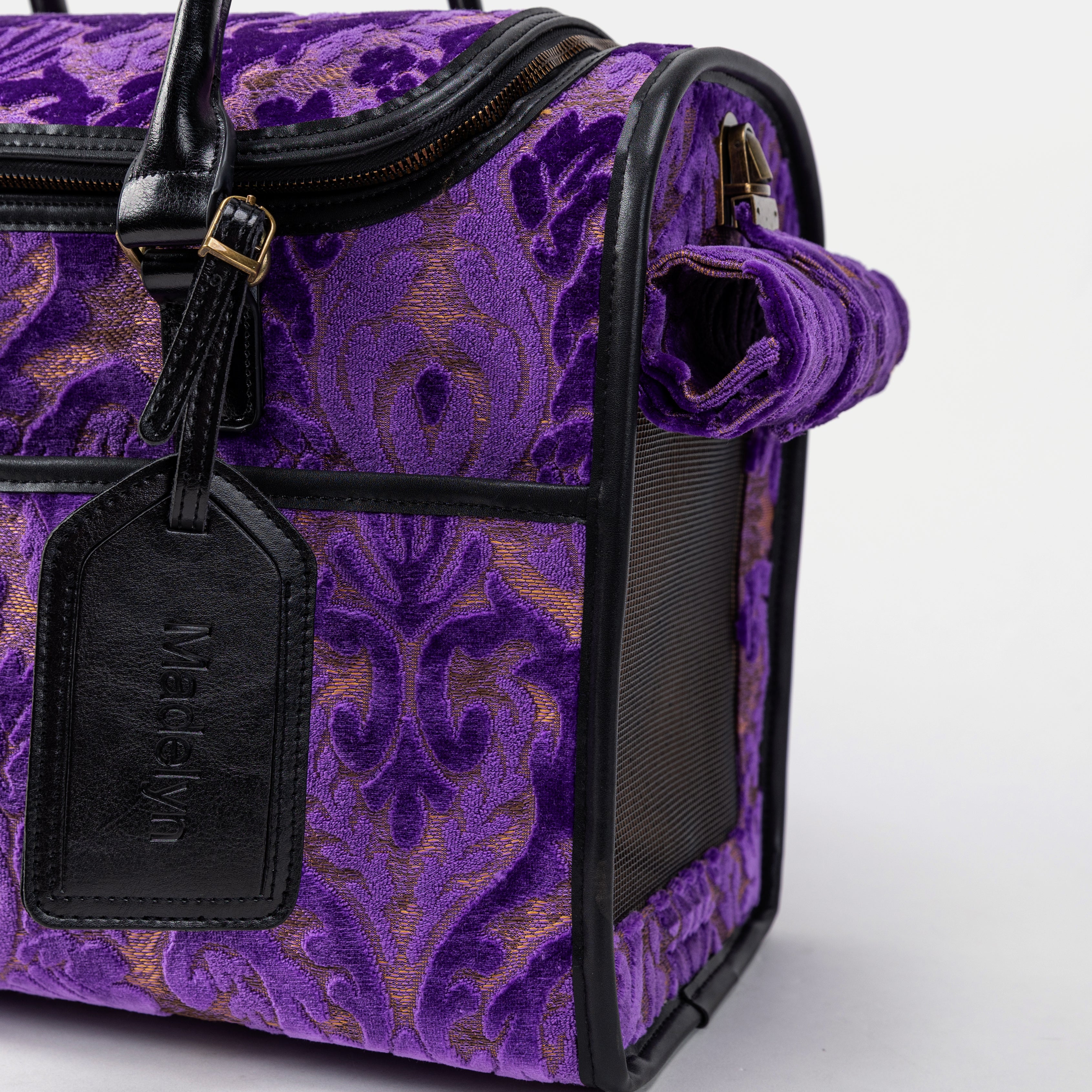 Travel Dog Carrier Bag Burnout Velvet Purple Tag