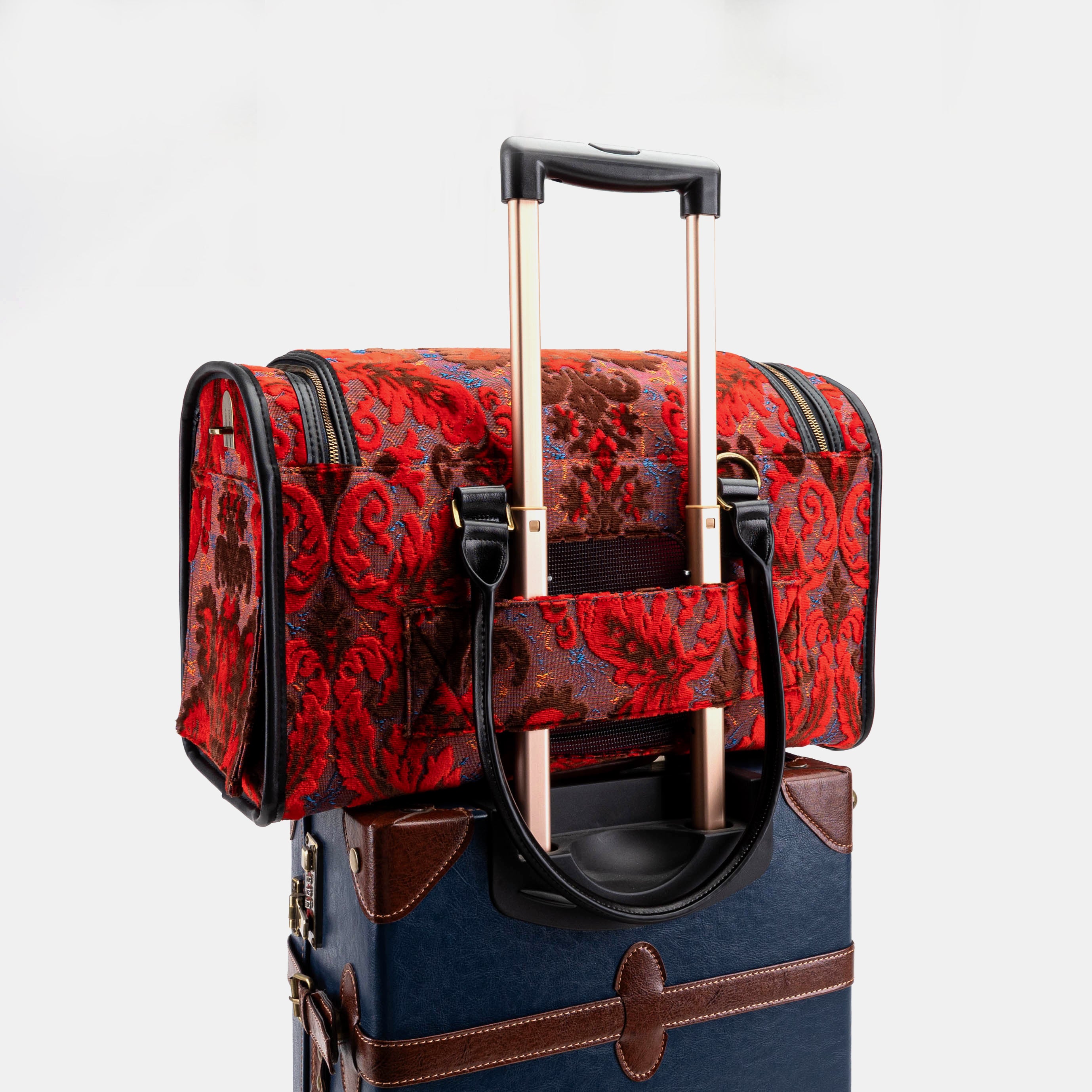 Travel Dog Carrier Burnout Velvet Revival Scarlet Airline Approved of America in use