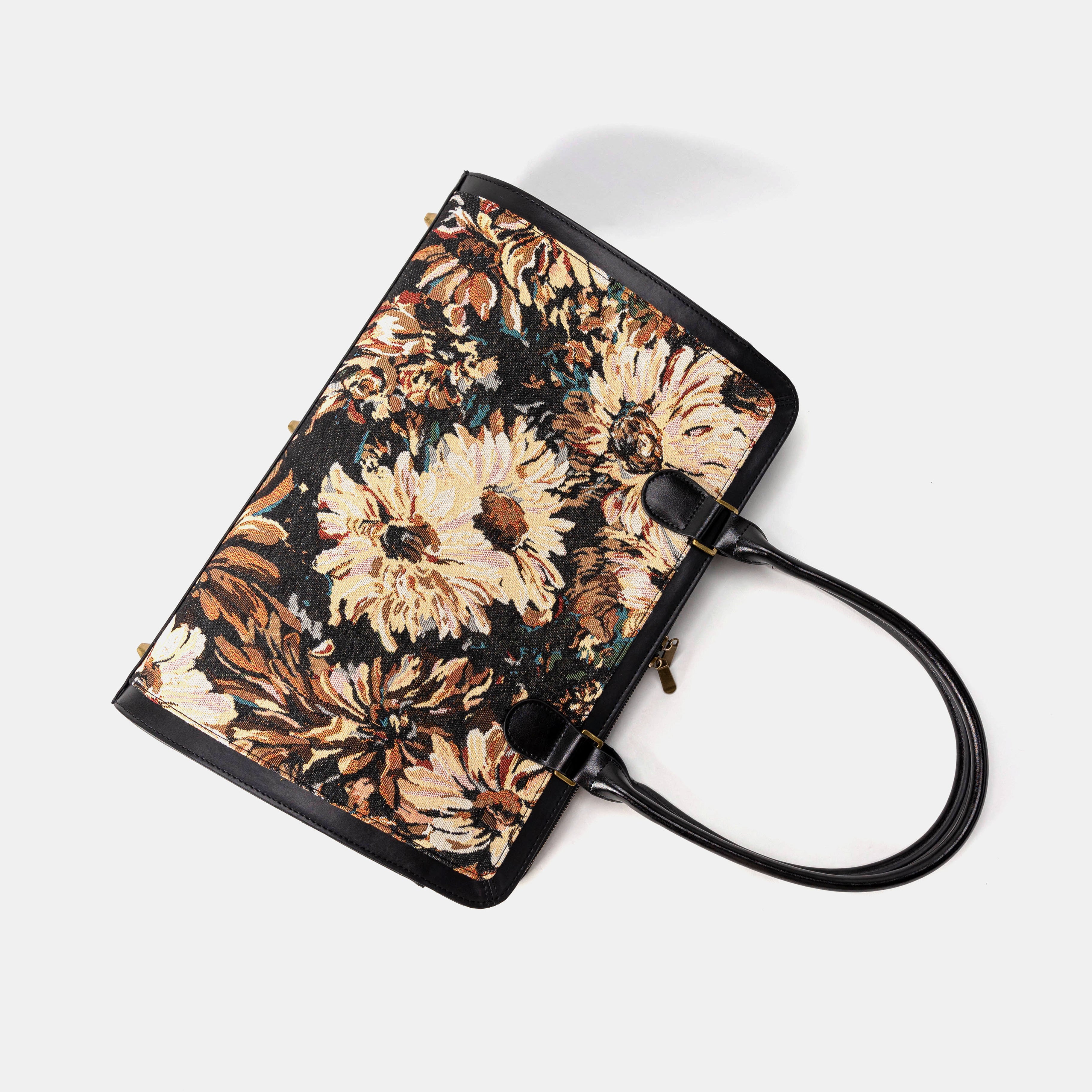 Business Tote Carpet Bag Blooming Daisy Black flat lying