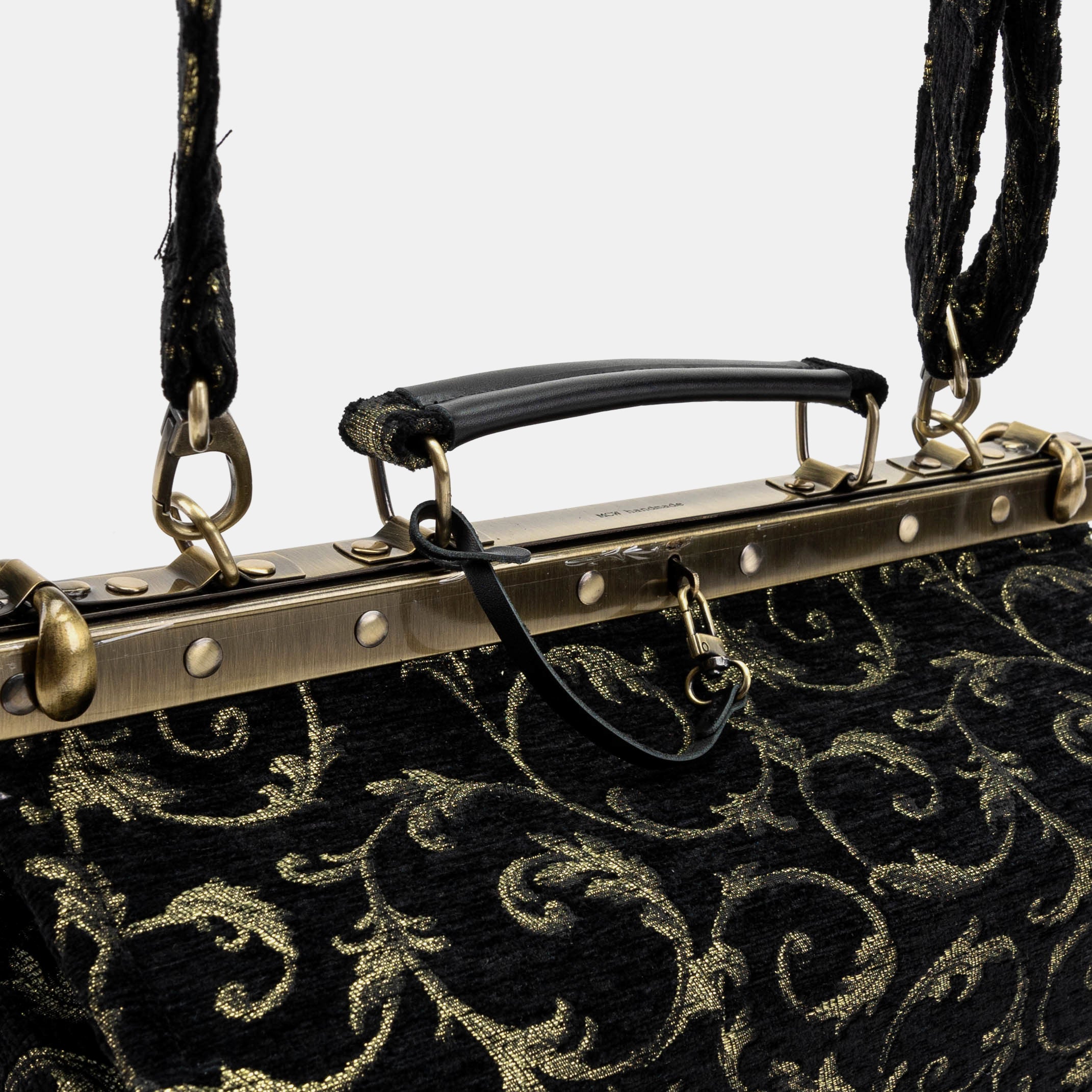 Vintage Scroll Black Green Genevieve Carpet Gladstone Bag handle