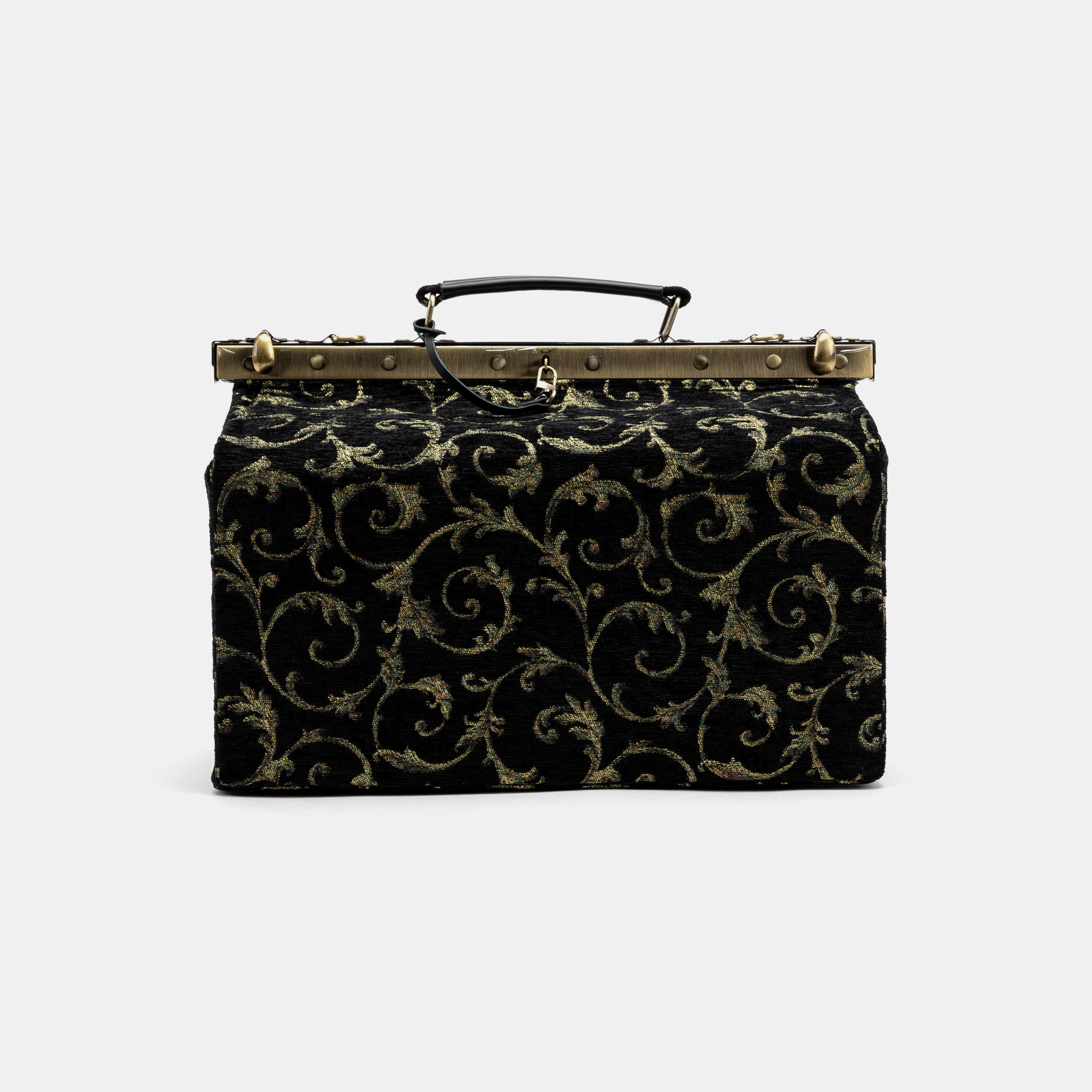 Vintage Scroll Black Green Genevieve Carpet Gladstone Bag front