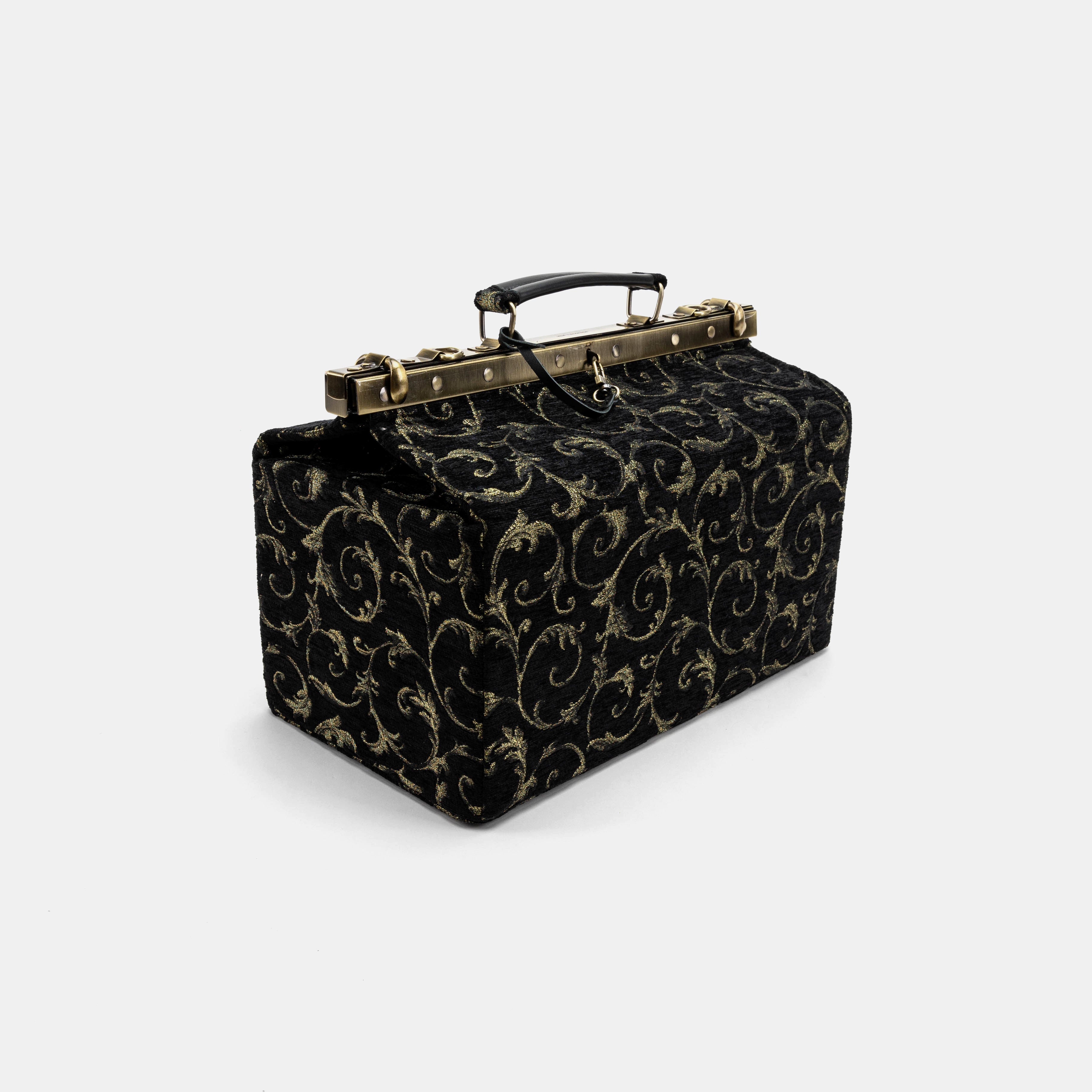 Vintage Scroll Black Green Genevieve Carpet Gladstone Bag front side