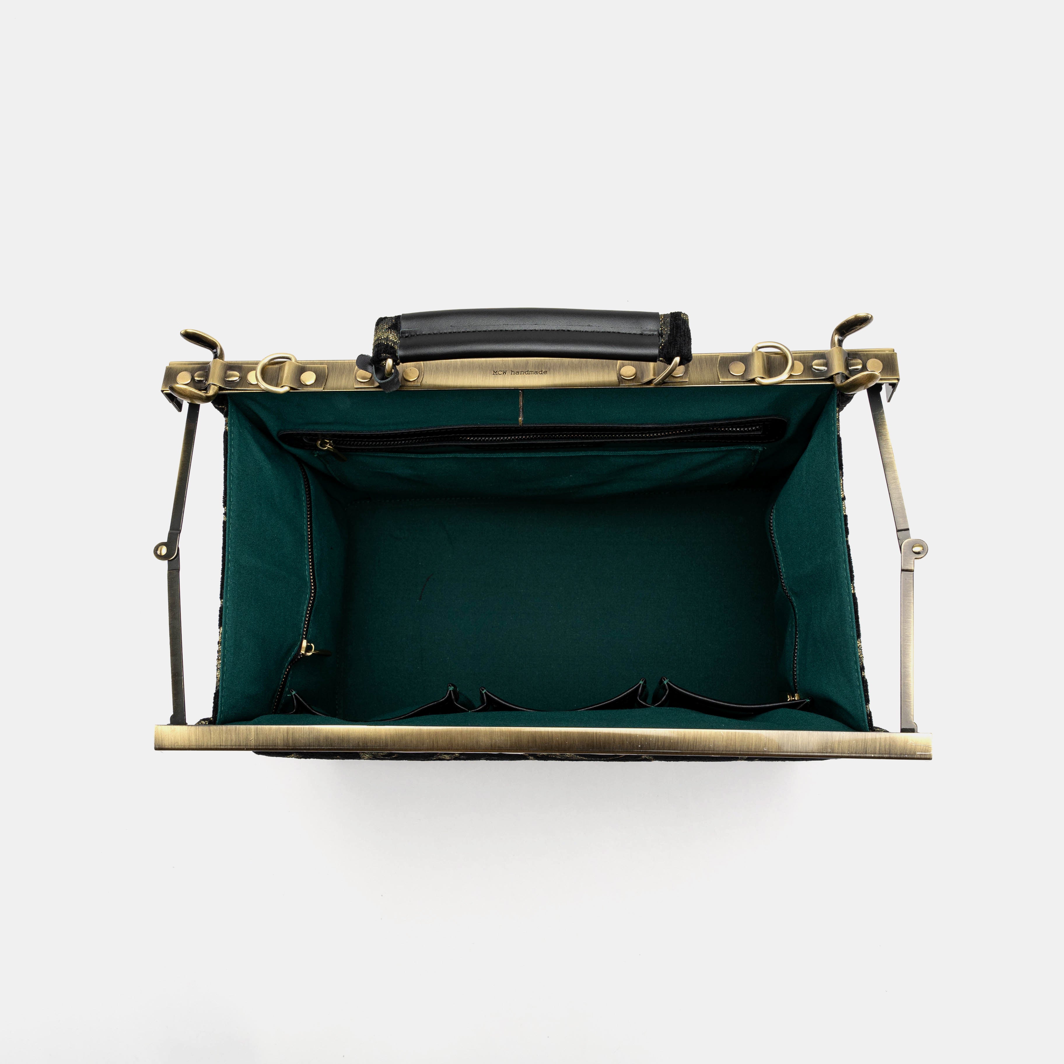 Vintage Scroll Black Green Genevieve Carpet Gladstone Bag inside