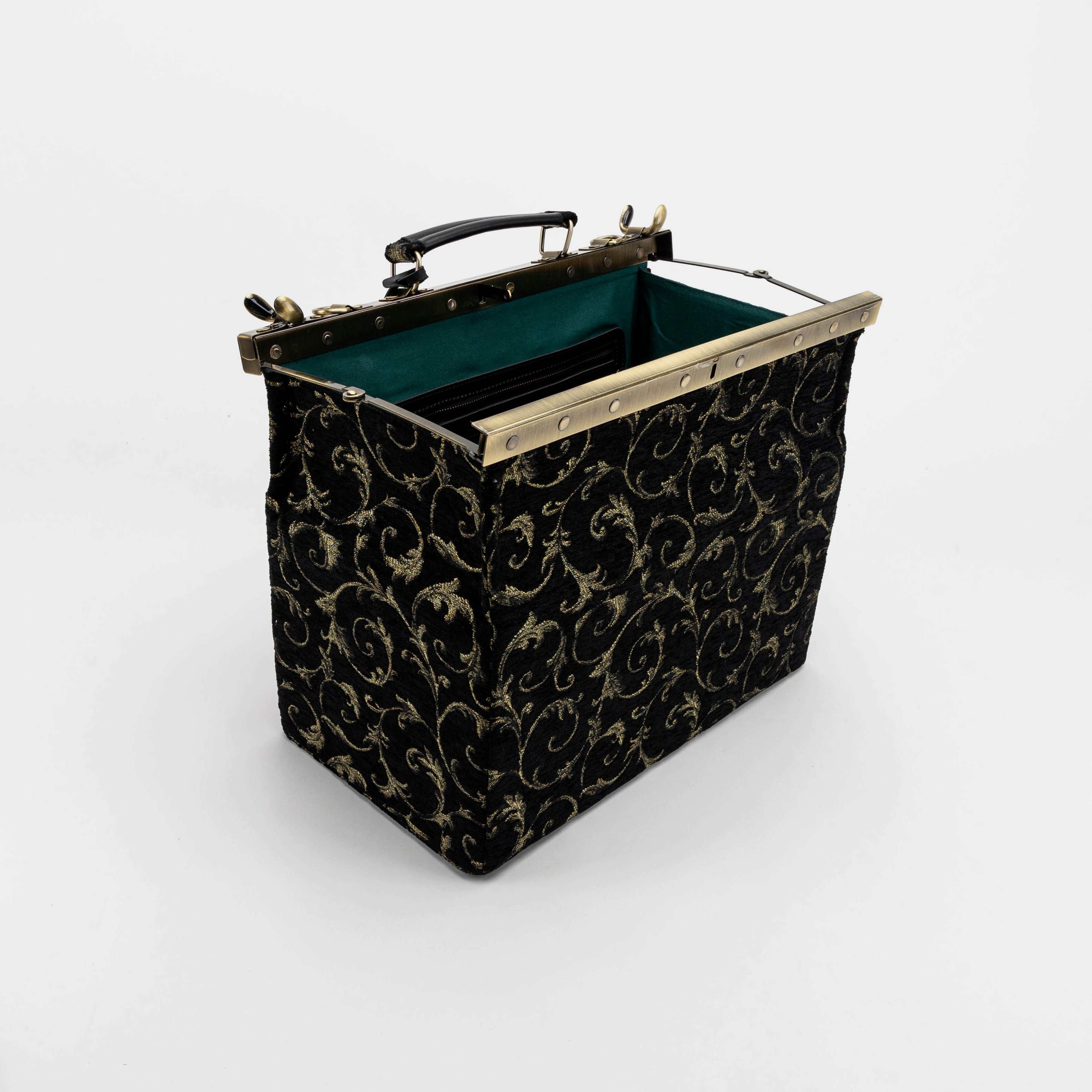 Vintage Scroll Black Green Genevieve Carpet Gladstone Bag open standing