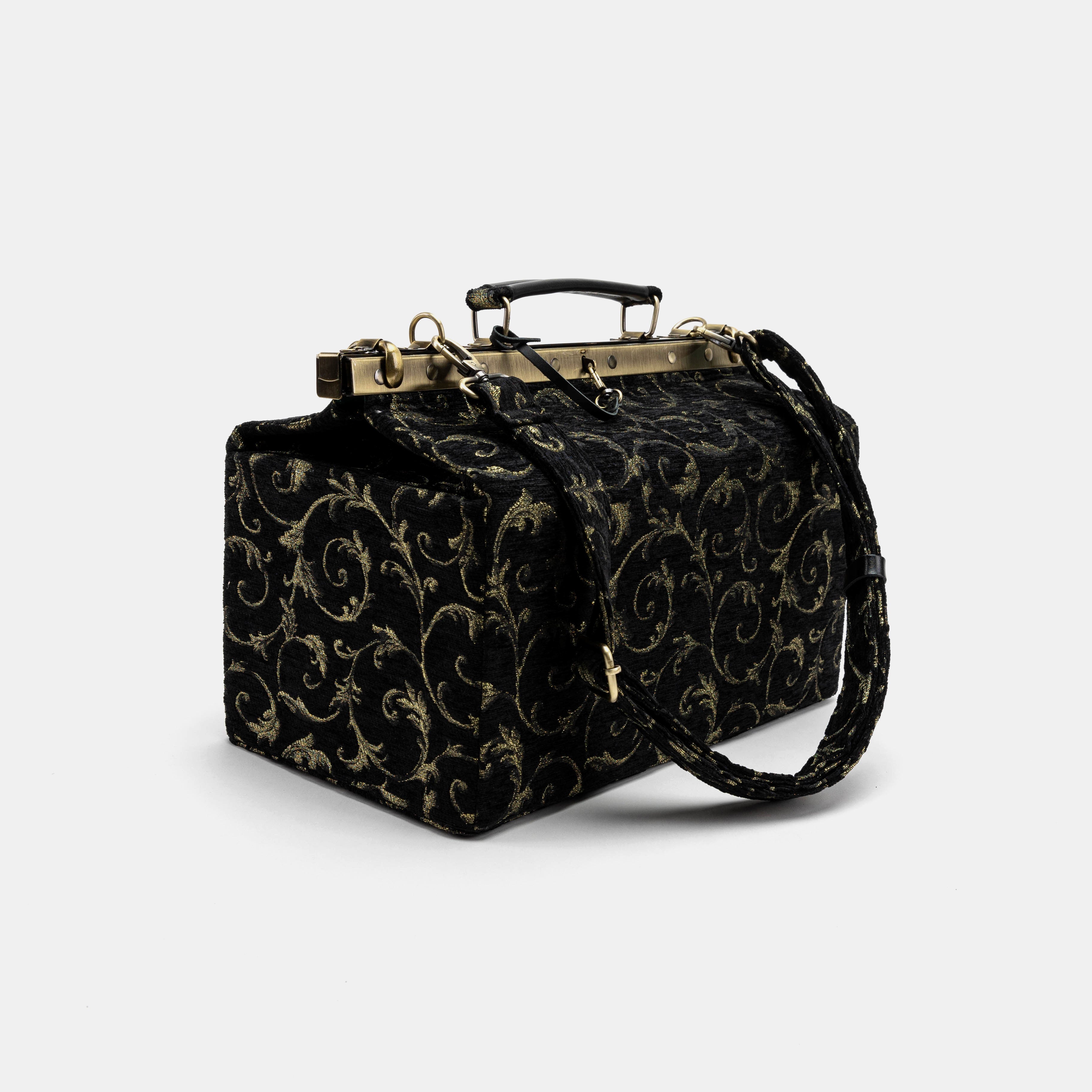 Vintage Scroll Black Green Genevieve Carpet Gladstone Bag with shoulder strap
