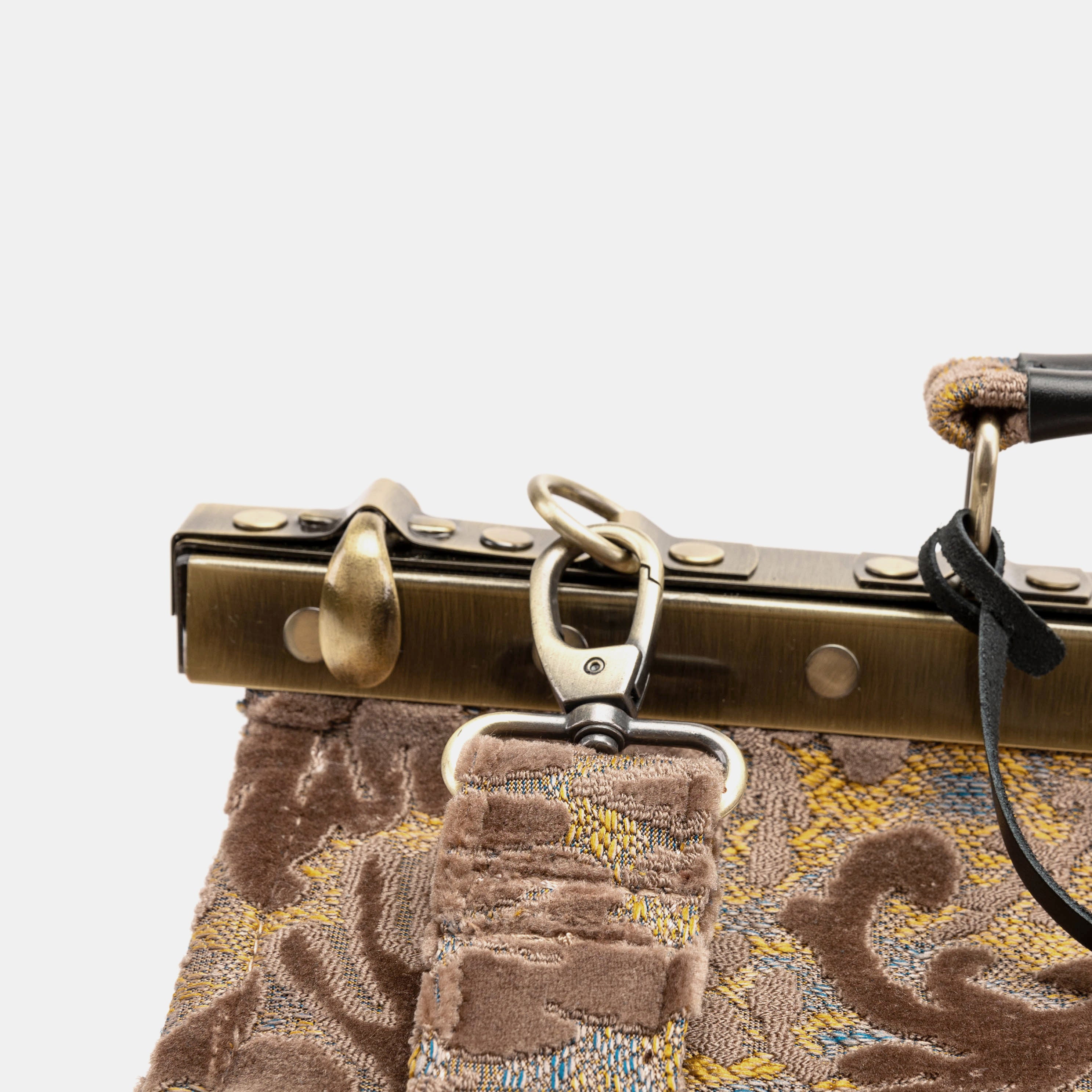 Burnout Velvet Camel Genevieve Carpet Gladstone Bag clasp