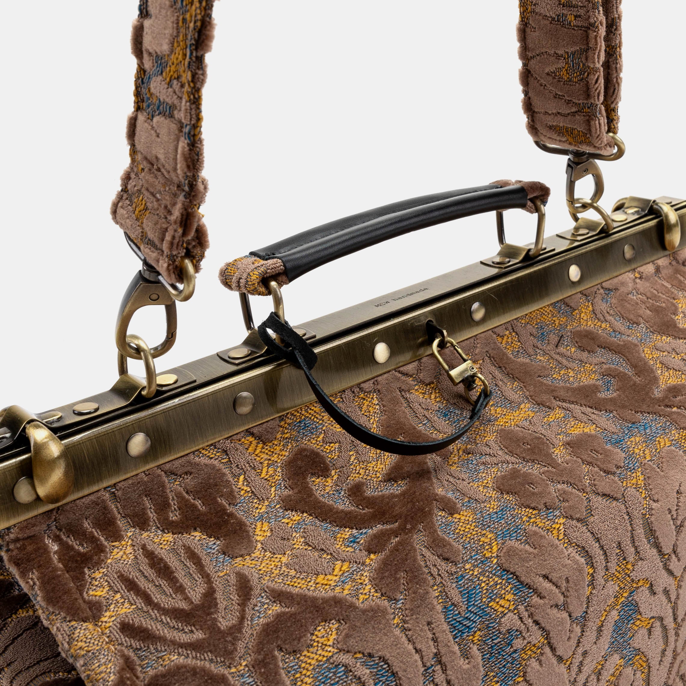 Burnout Velvet Camel Genevieve Carpet Gladstone Bag handle