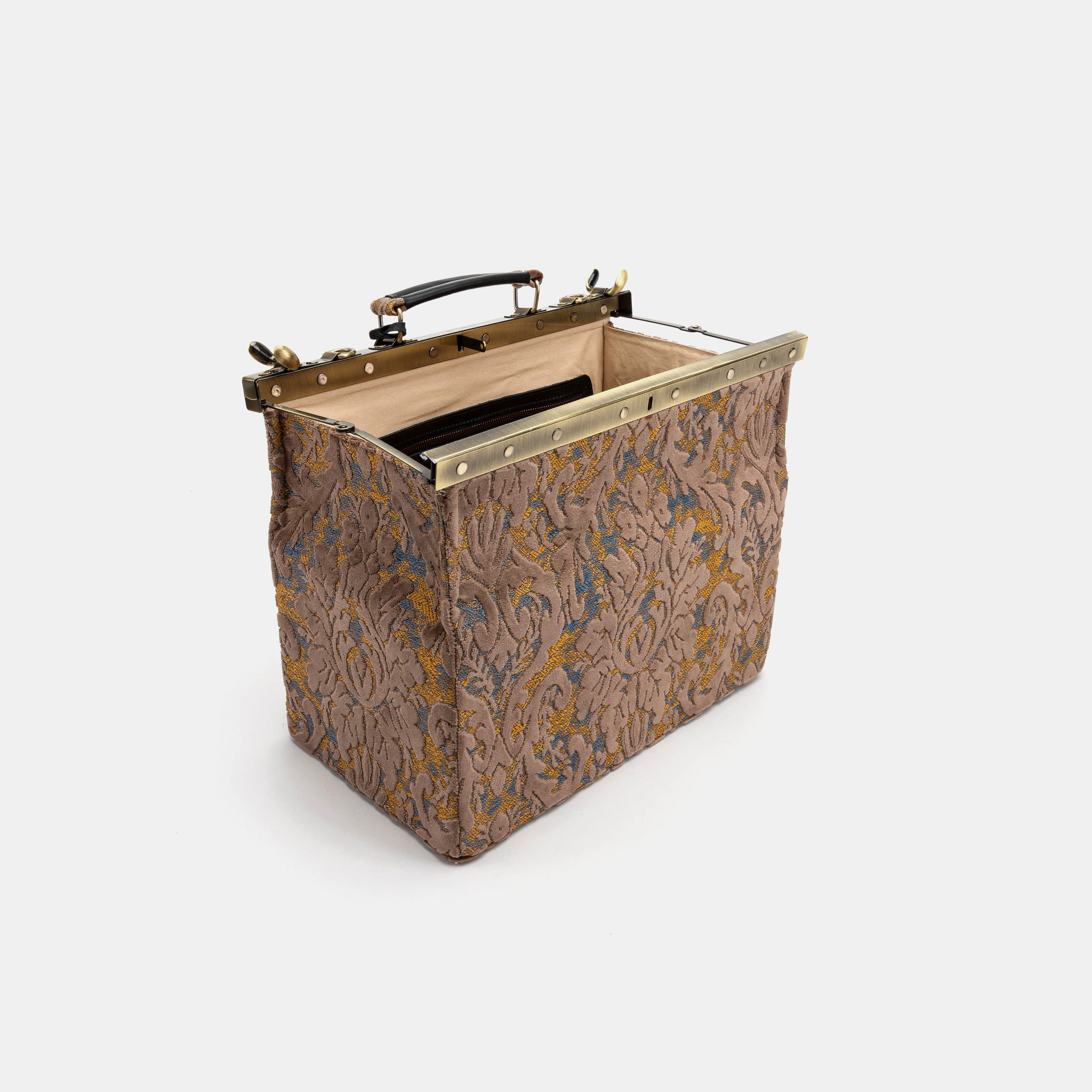 Burnout Velvet Camel Genevieve Carpet Gladstone Bag open standing
