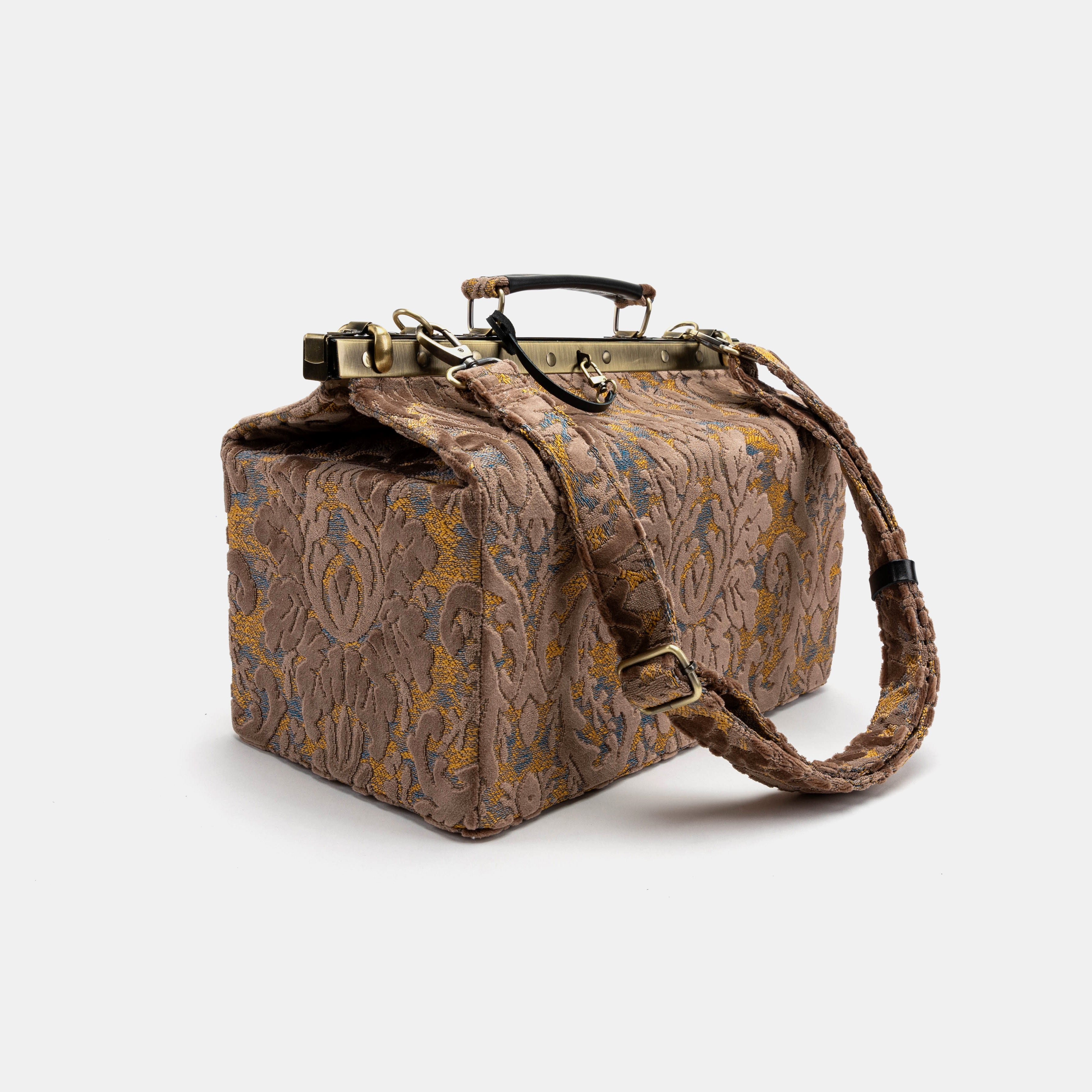 Burnout Velvet Camel Genevieve Carpet Gladstone Bag with shoulder strap