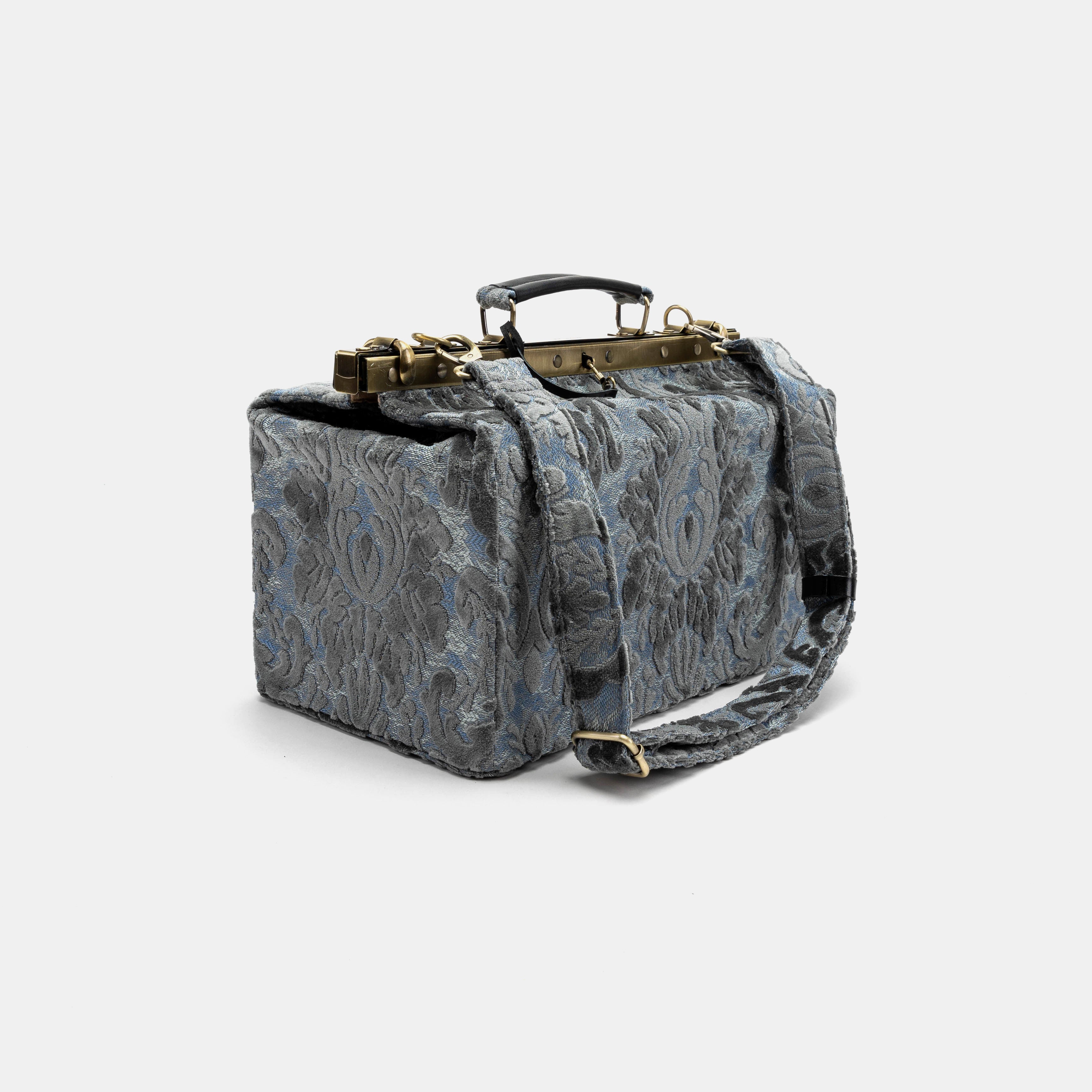 Burnout Velvet Steel Blue Genevieve Carpet Gladstone Bag with shoulder strap