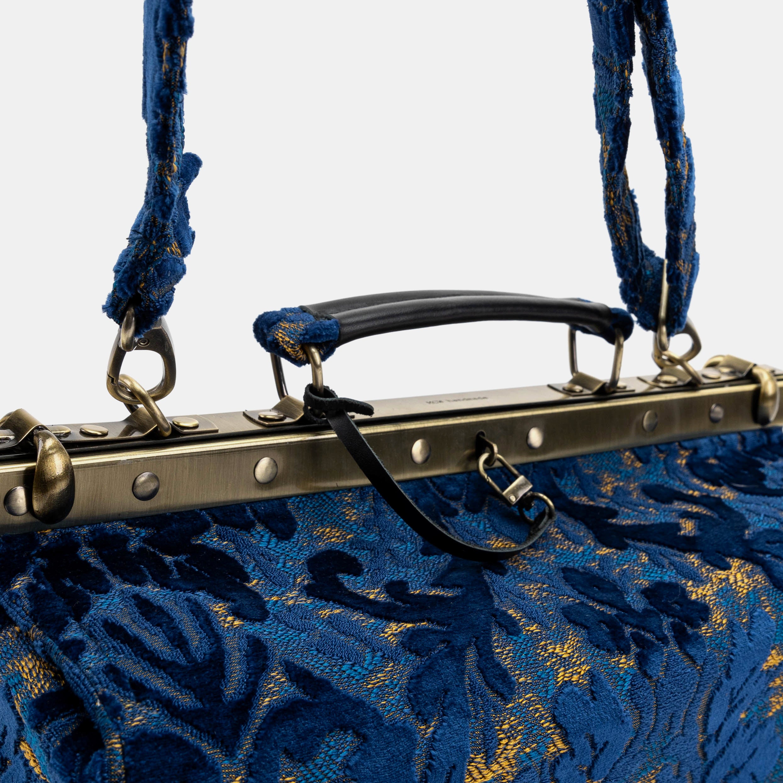 Burnout Velvet Navy Genevieve Carpet Gladstone Bag handle