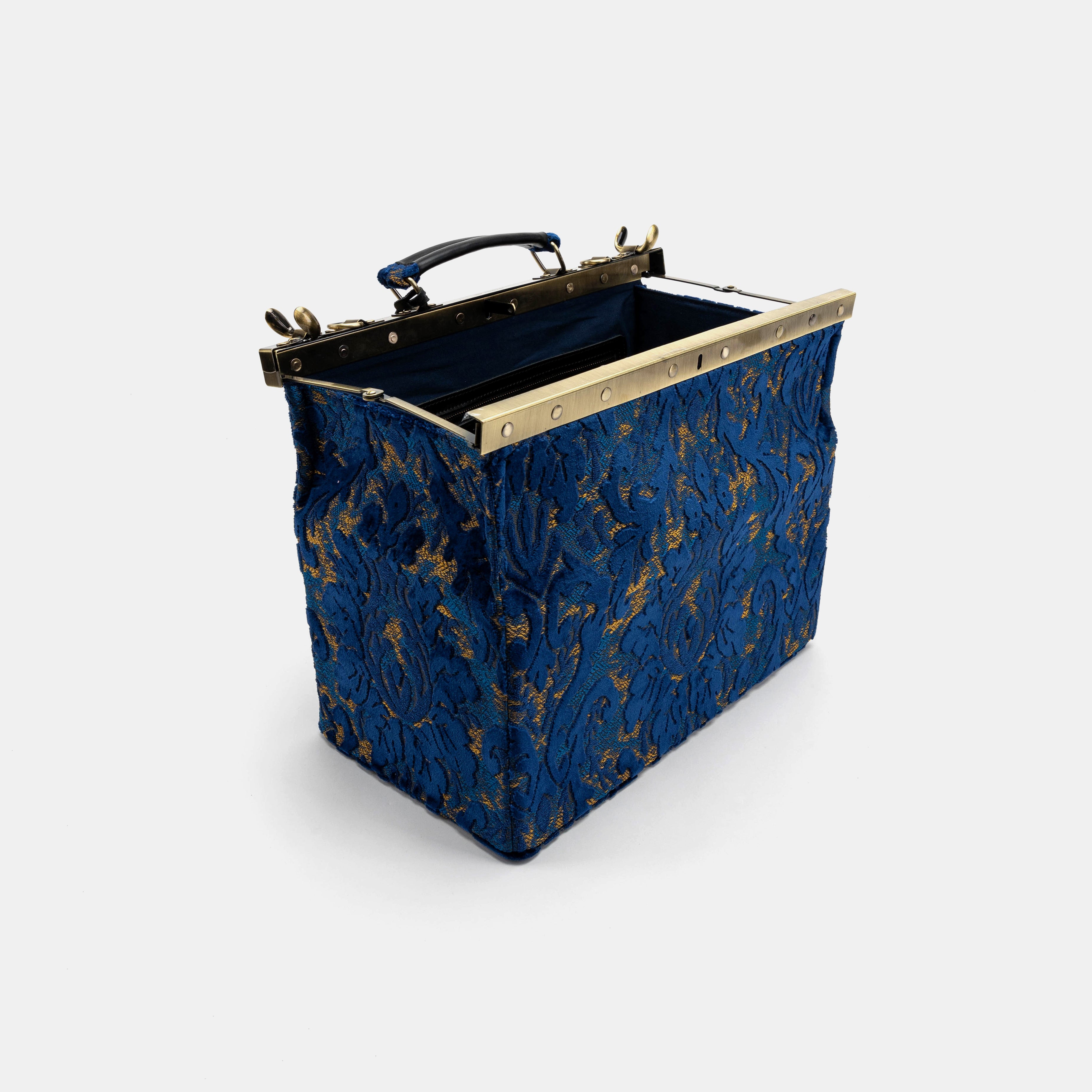 Burnout Velvet Navy Genevieve Carpet Gladstone Bag open standing