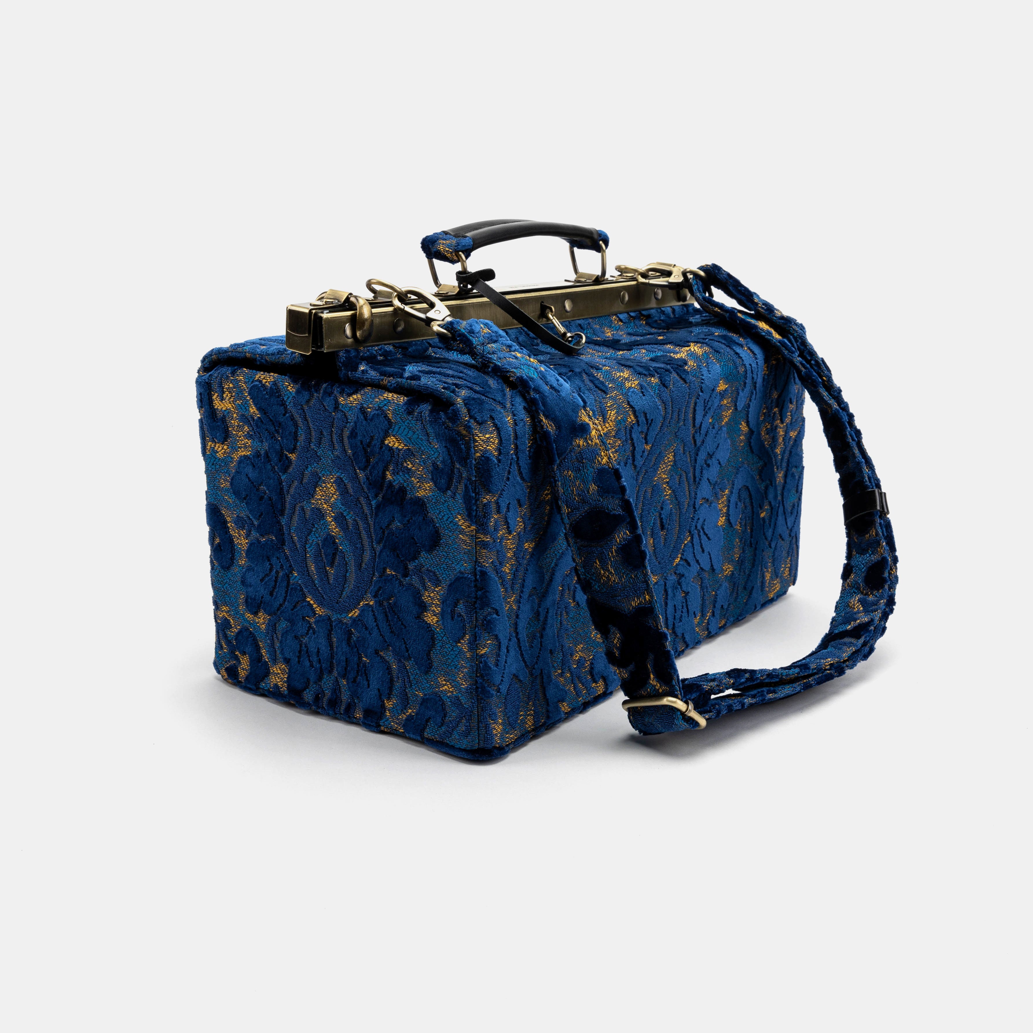 Burnout Velvet Navy Genevieve Carpet Gladstone Bag with shoulder strap