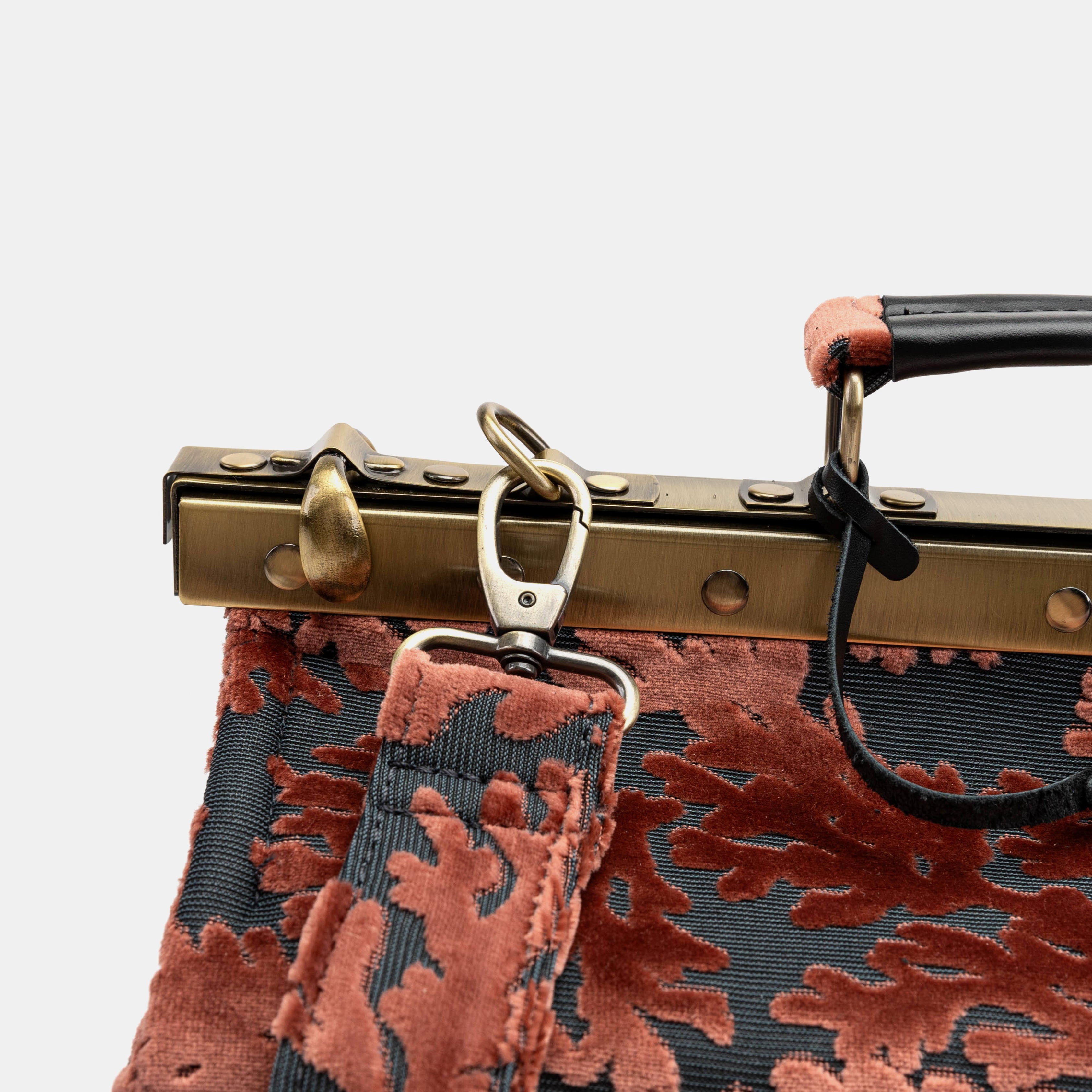 Gladstone Bag Carpet Doctor Bag Victorian Weekender Bag Shoulder Frame Bag Genevieve Burnout Velvet St Tropez Scuba Coral Carpetbagger Carpetbag of America shoulder strap clasp