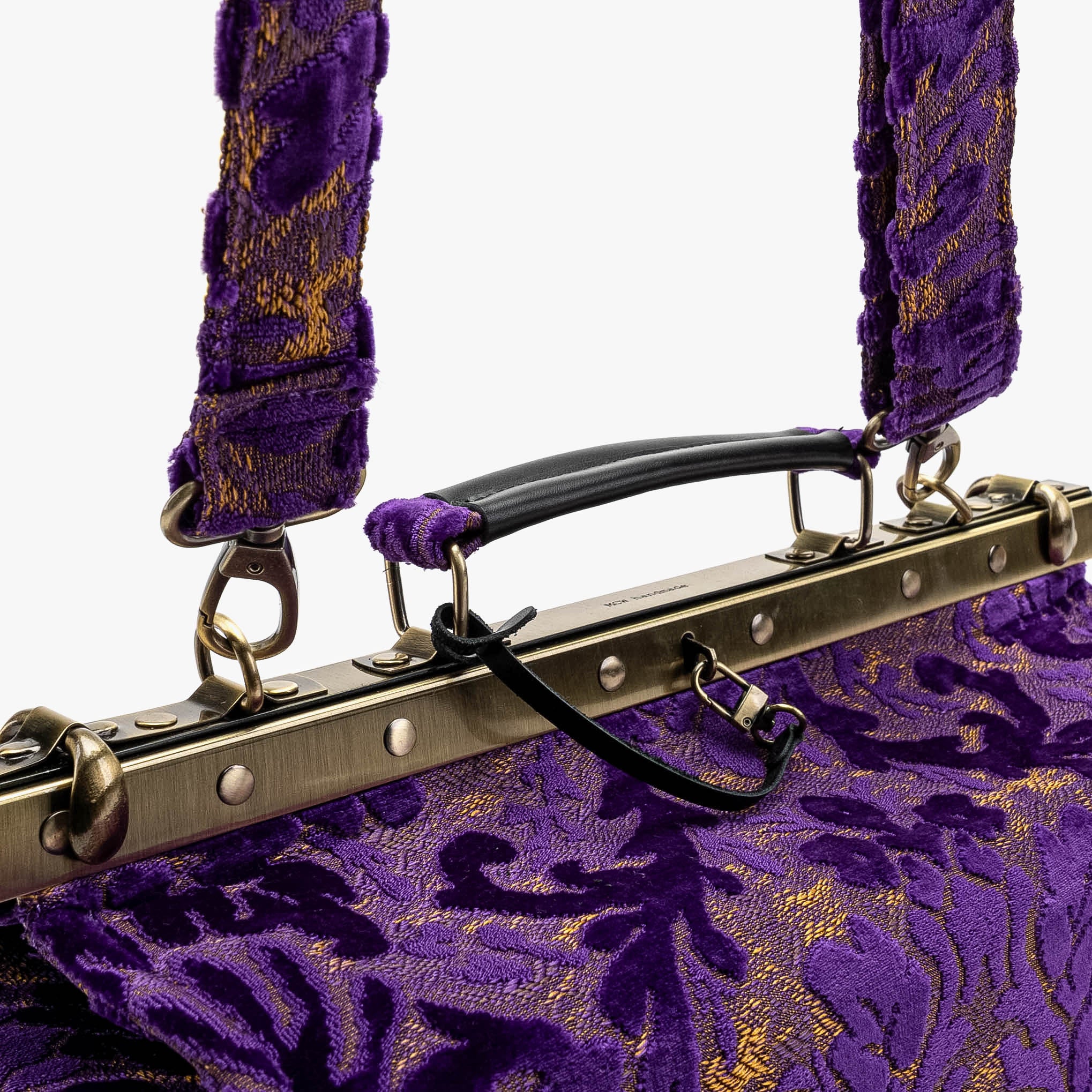 Burnout Velvet Purple Genevieve Carpet Gladstone Bag handle