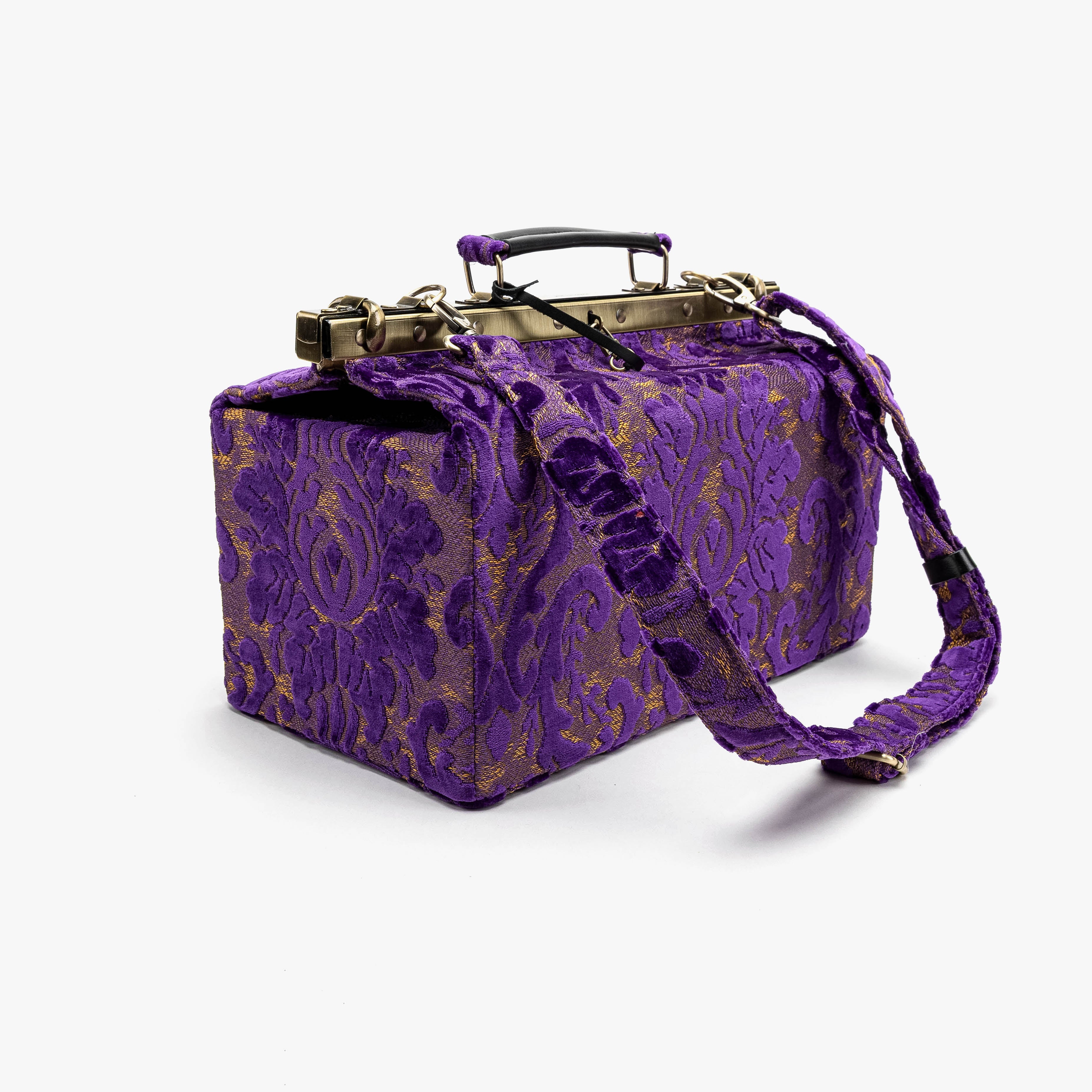 Burnout Velvet Purple Genevieve Carpet Gladstone Bag with shoulder strap