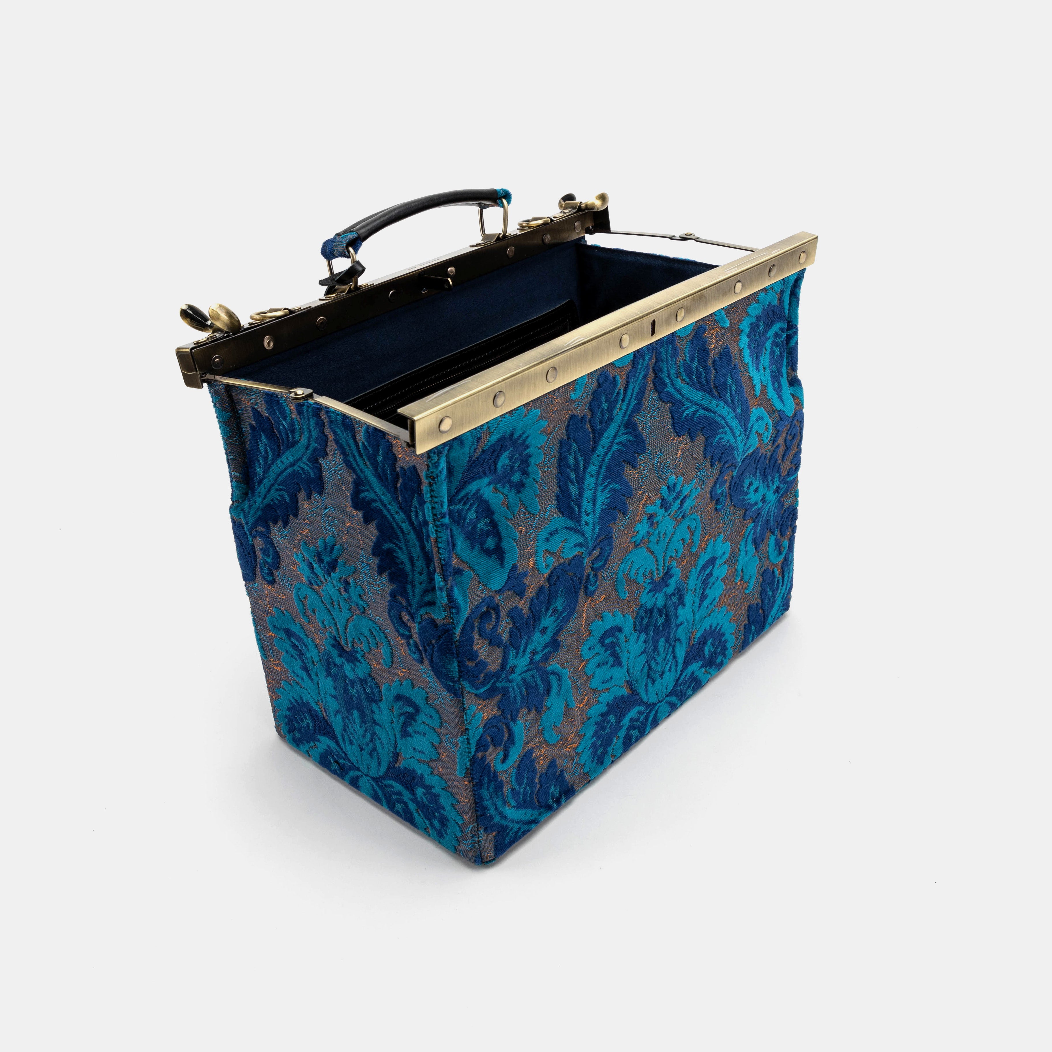 Gladstone Bag Carpet Doctor Bag Victorian Weekender Bag Shoulder Frame Bag Genevieve Golden Age Navy Carpetbagger Carpetbag of America open standing