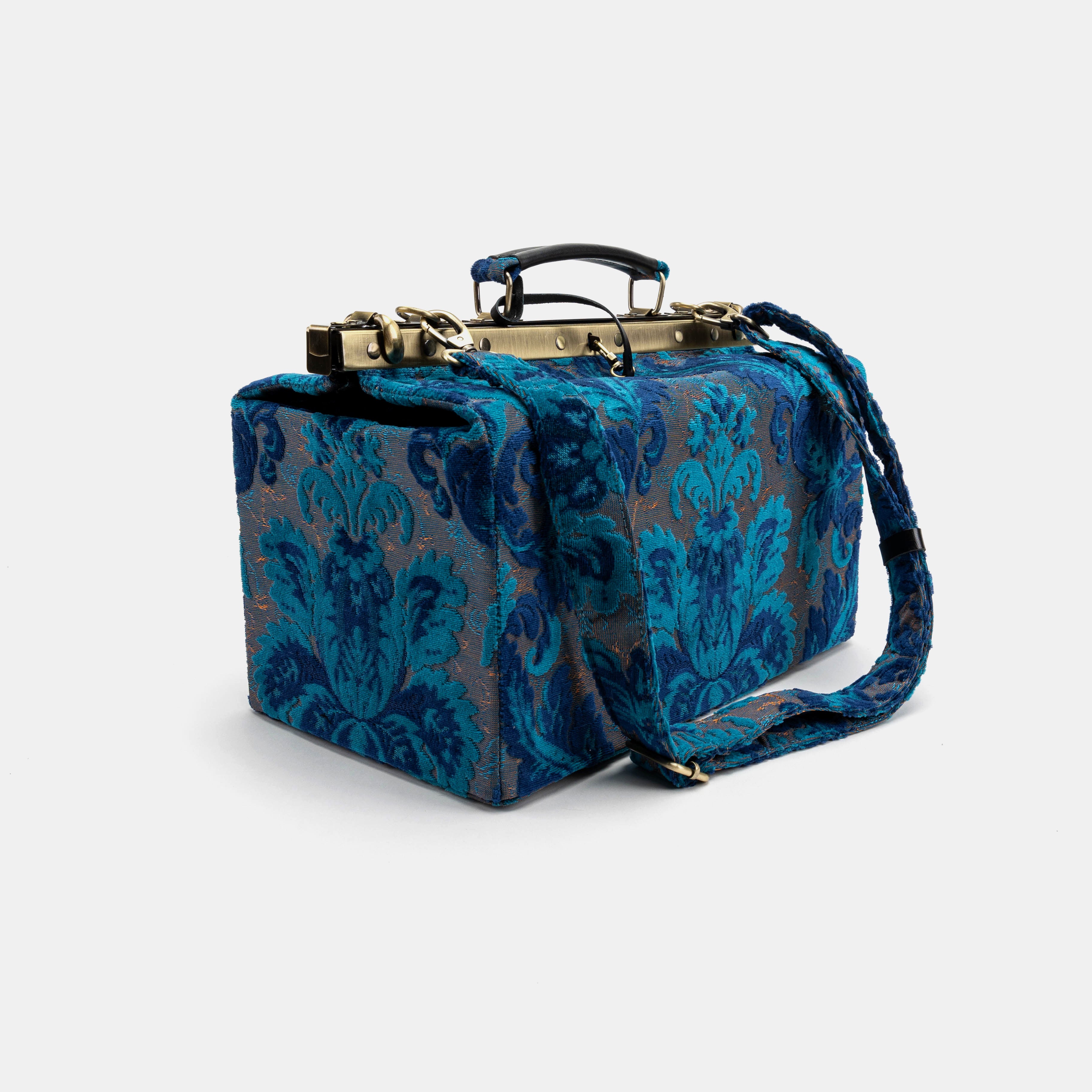 Gladstone Bag Carpet Doctor Bag Victorian Weekender Bag Shoulder Frame Bag Genevieve Golden Age Navy Carpetbagger Carpetbag of America with shoulder strap