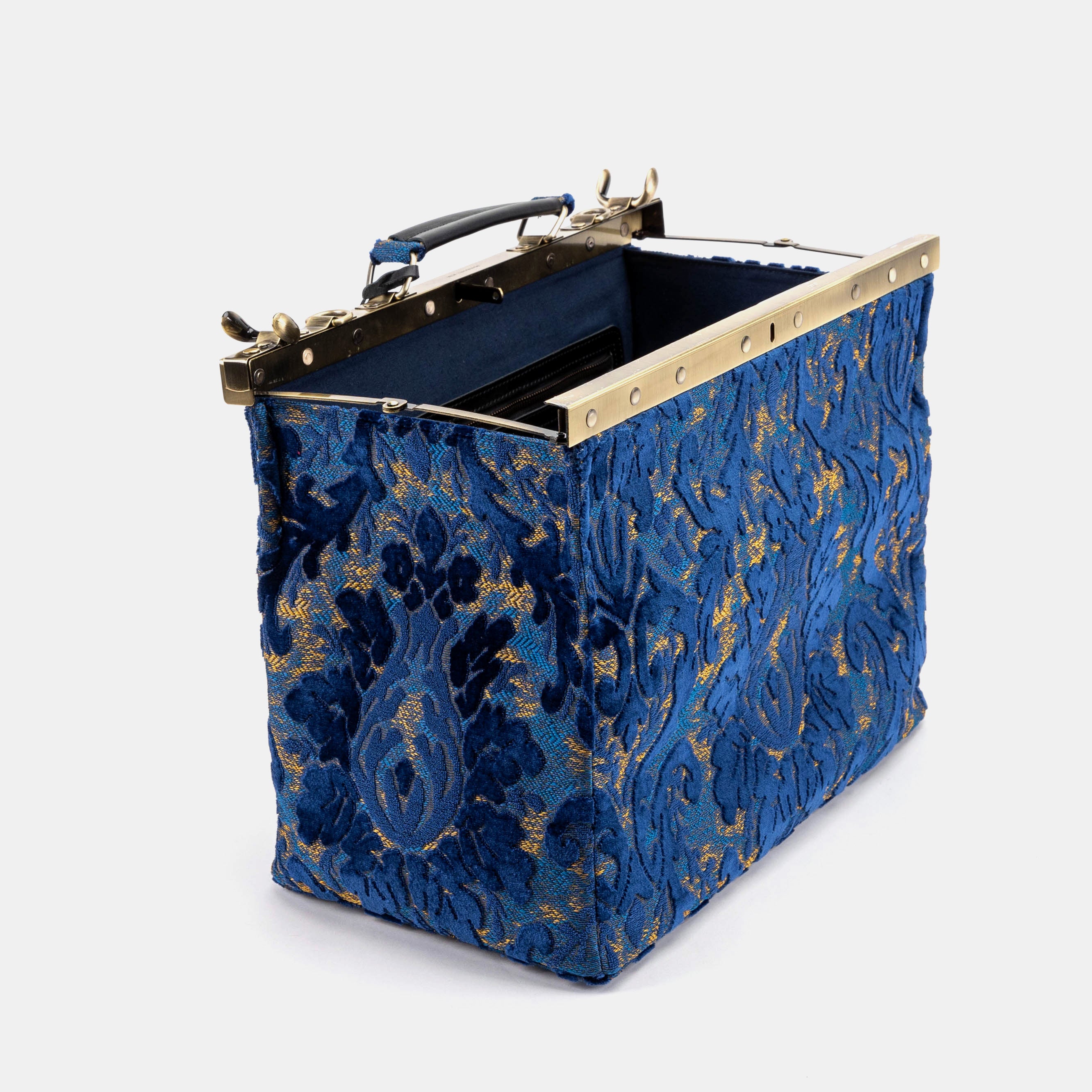 Burnout Velvet Navy Celine Carpet Gladstone Bag open standing