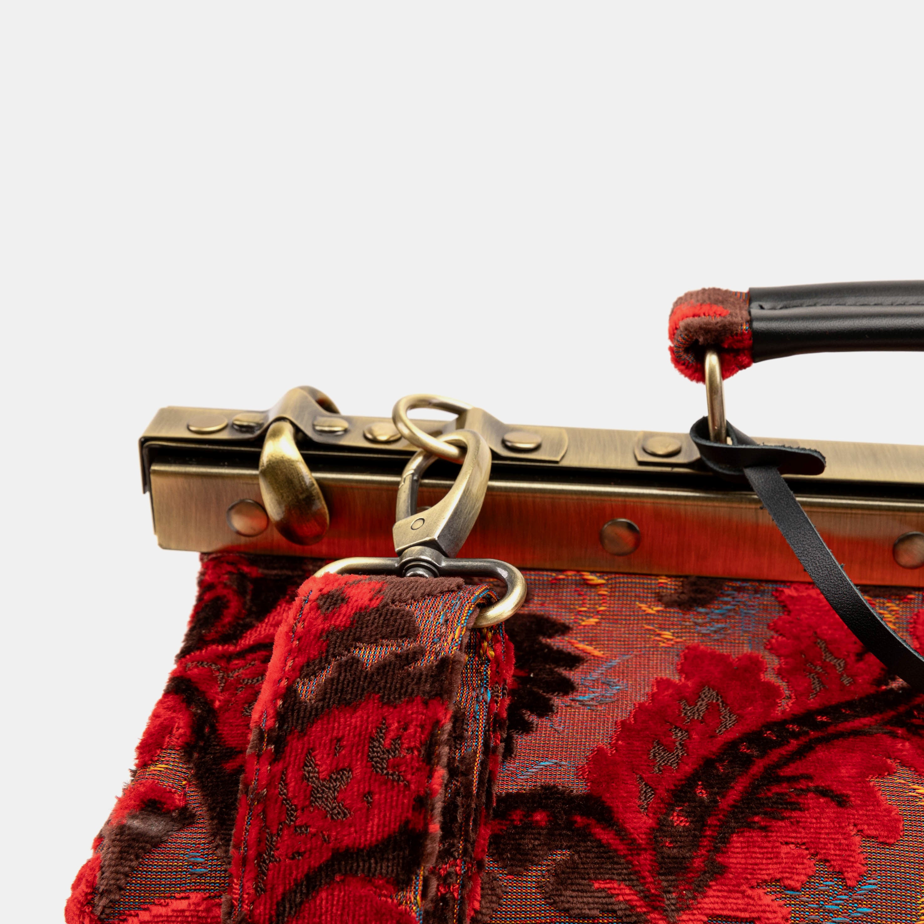 Gladstone Bag Carpet Doctor Bag Victorian Weekender Bag Shoulder Frame Bag Genevieve Burnout Velvet Revival Scarlet Carpetbagger Carpetbag of America clasp