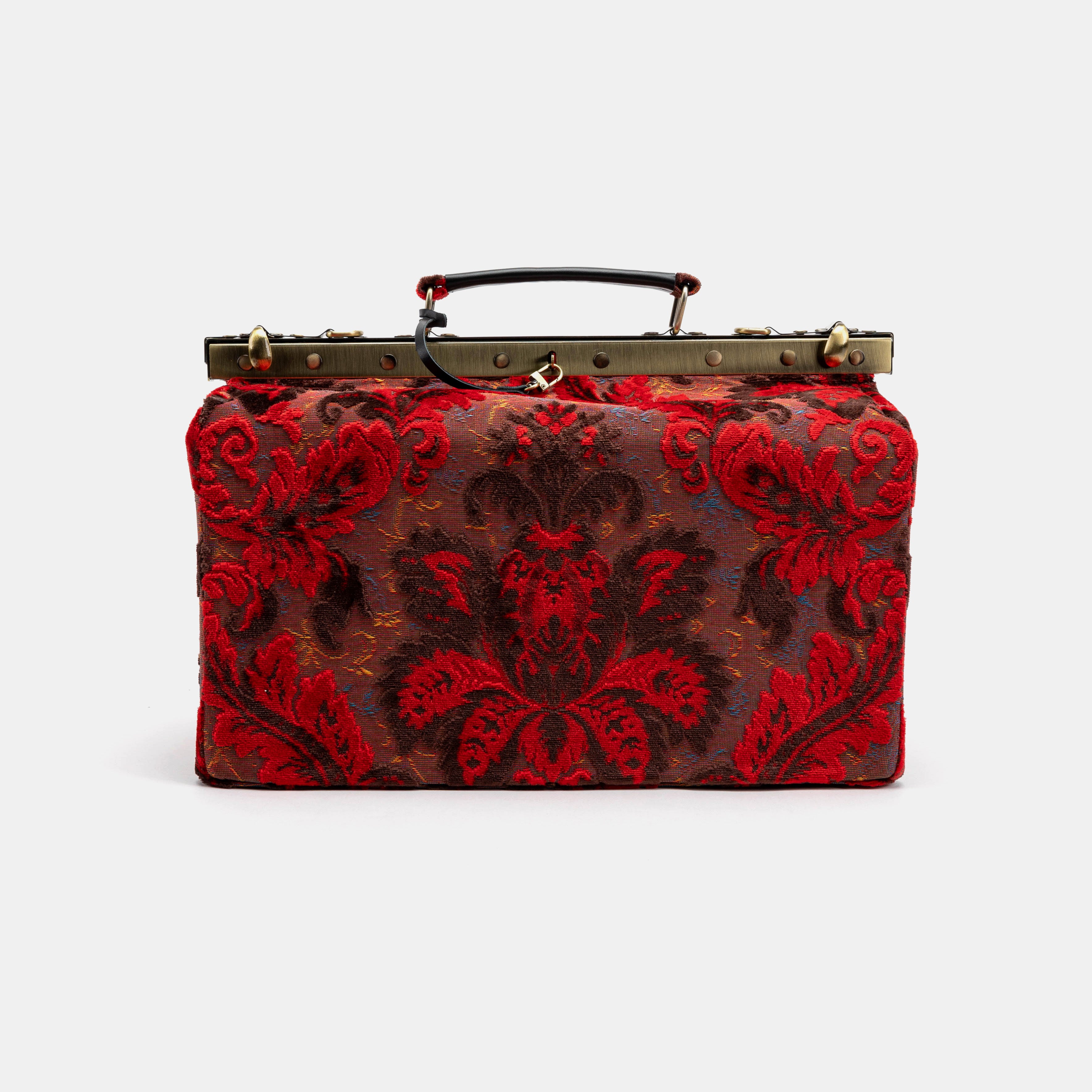 Gladstone Bag Carpet Doctor Bag Victorian Weekender Bag Shoulder Frame Bag Genevieve Burnout Velvet Revival Scarlet Carpetbagger Carpetbag of America front