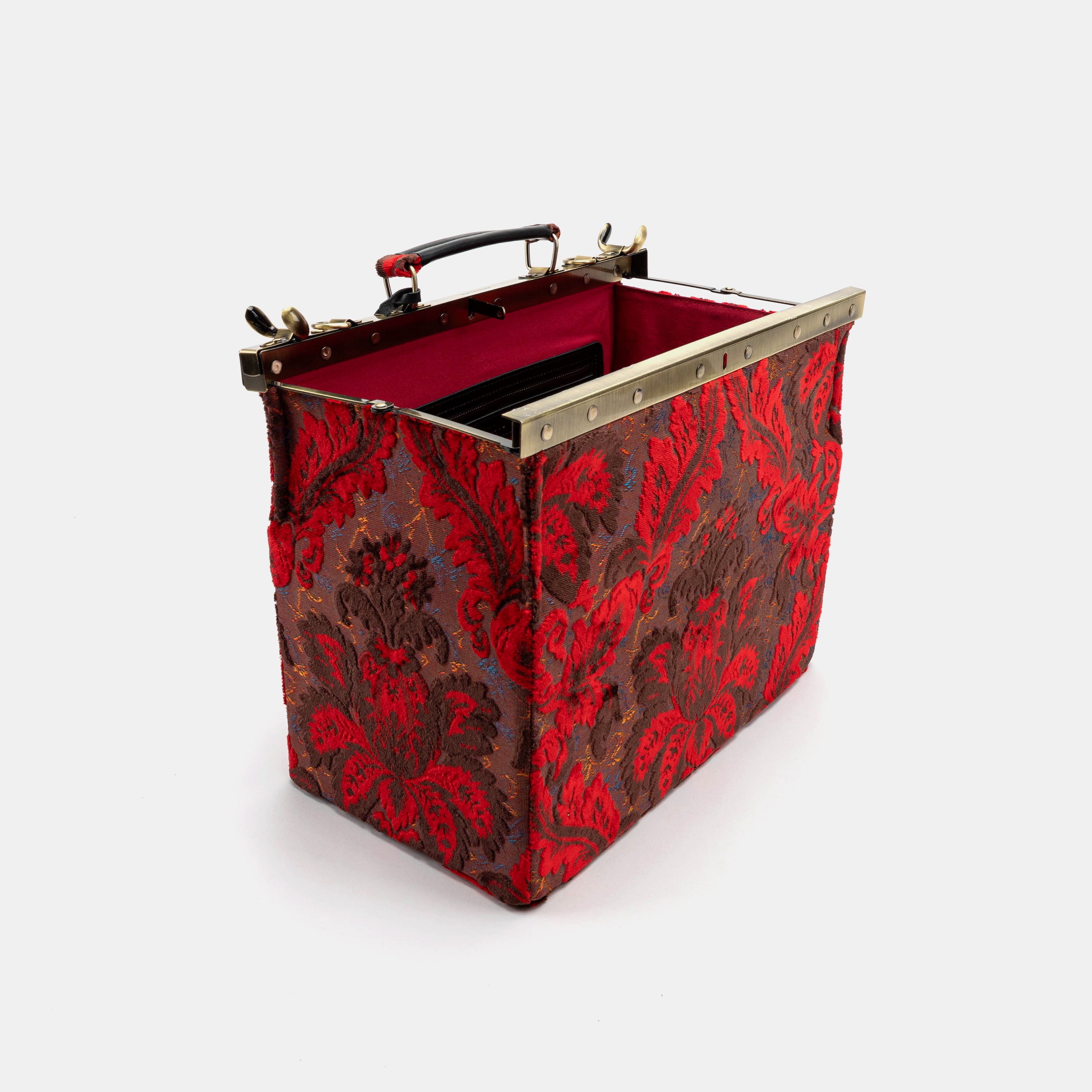 Gladstone Bag Carpet Doctor Bag Victorian Weekender Bag Shoulder Frame Bag Genevieve Burnout Velvet Revival Scarlet Carpetbagger Carpetbag of America open standing