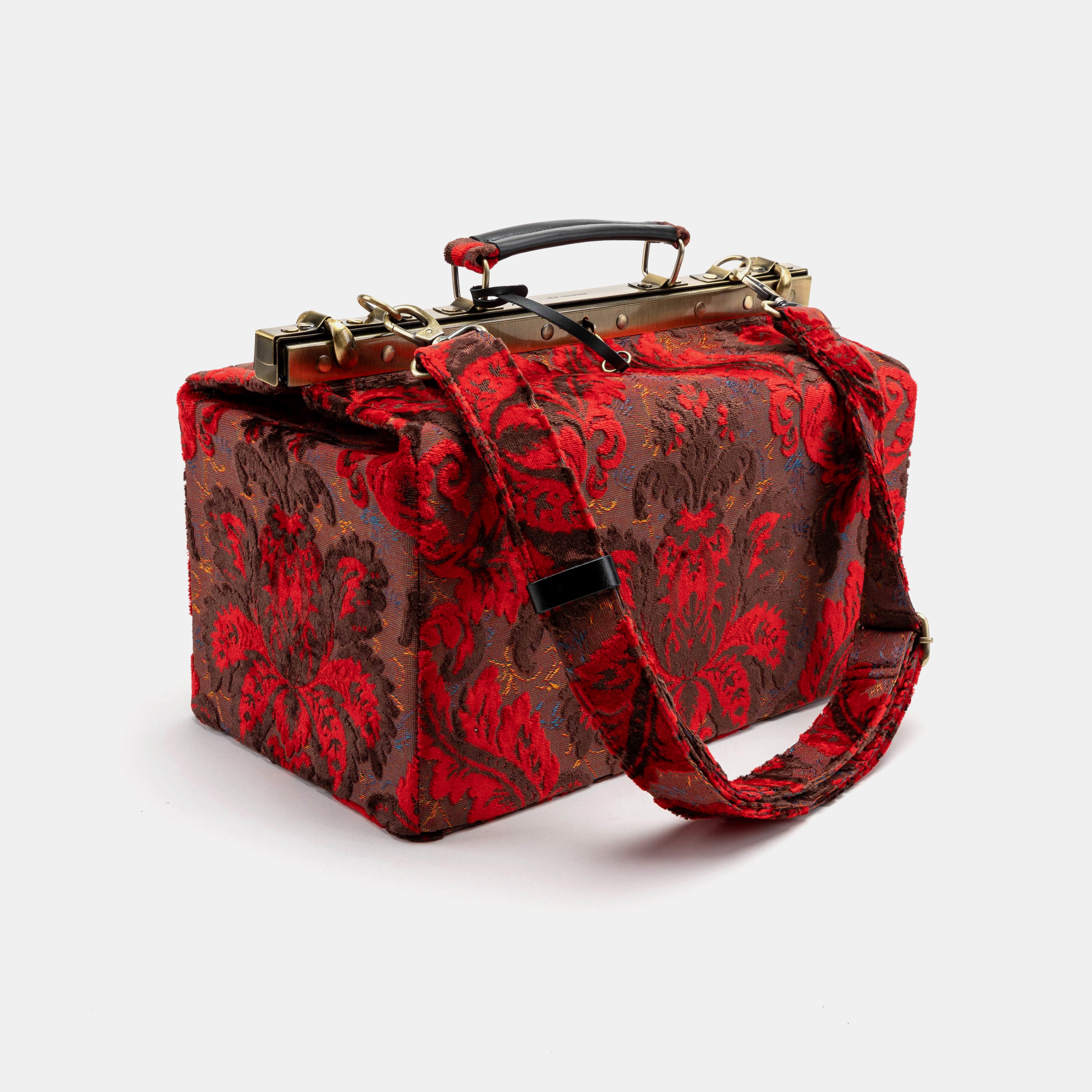 Gladstone Bag Carpet Doctor Bag Victorian Weekender Bag Shoulder Frame Bag Genevieve Burnout Velvet Revival Scarlet Carpetbagger Carpetbag of America with shoulder strap