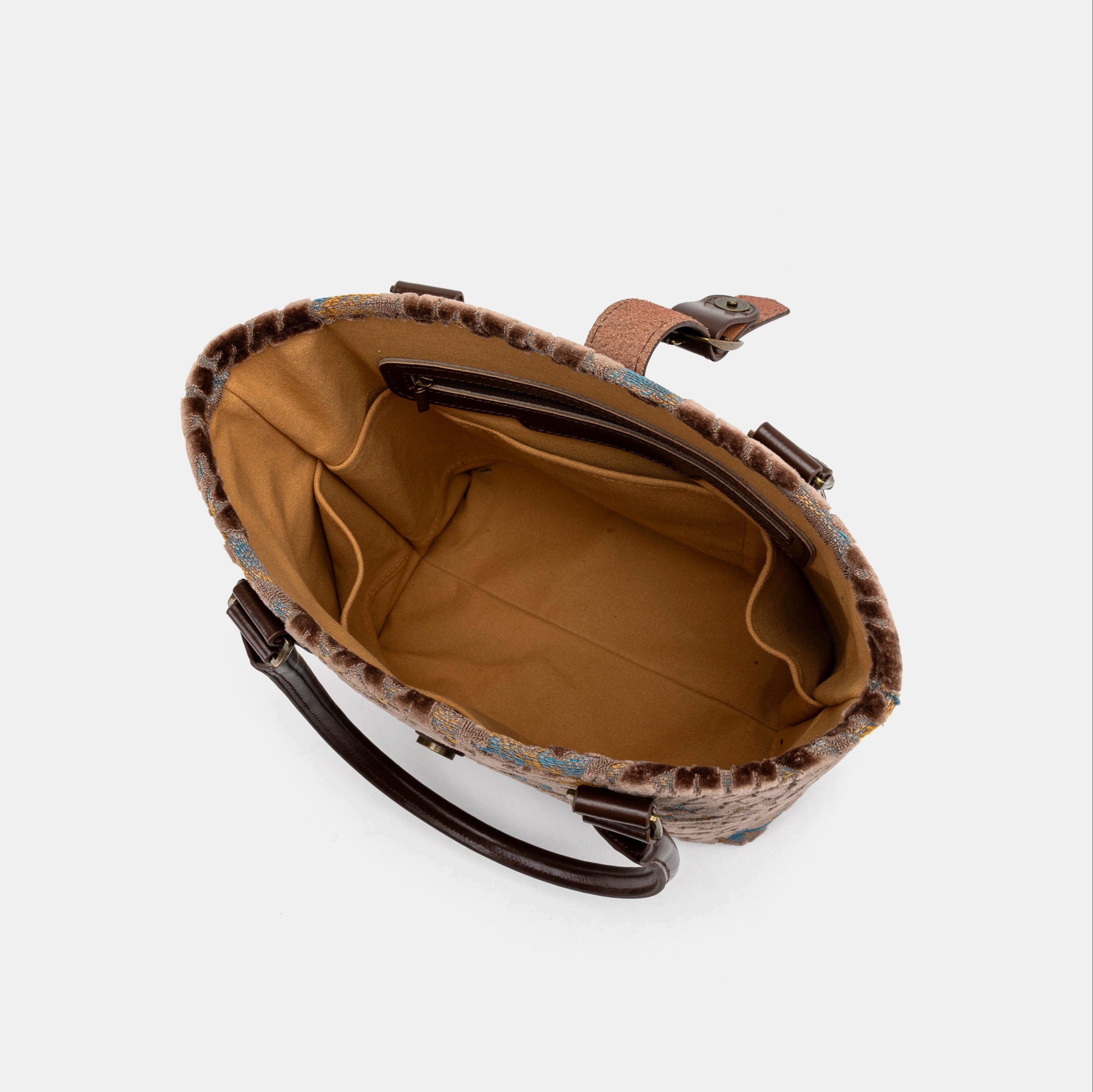 Burnout Velvet Camel Everyday Tote Bag Carpetbag of America inside