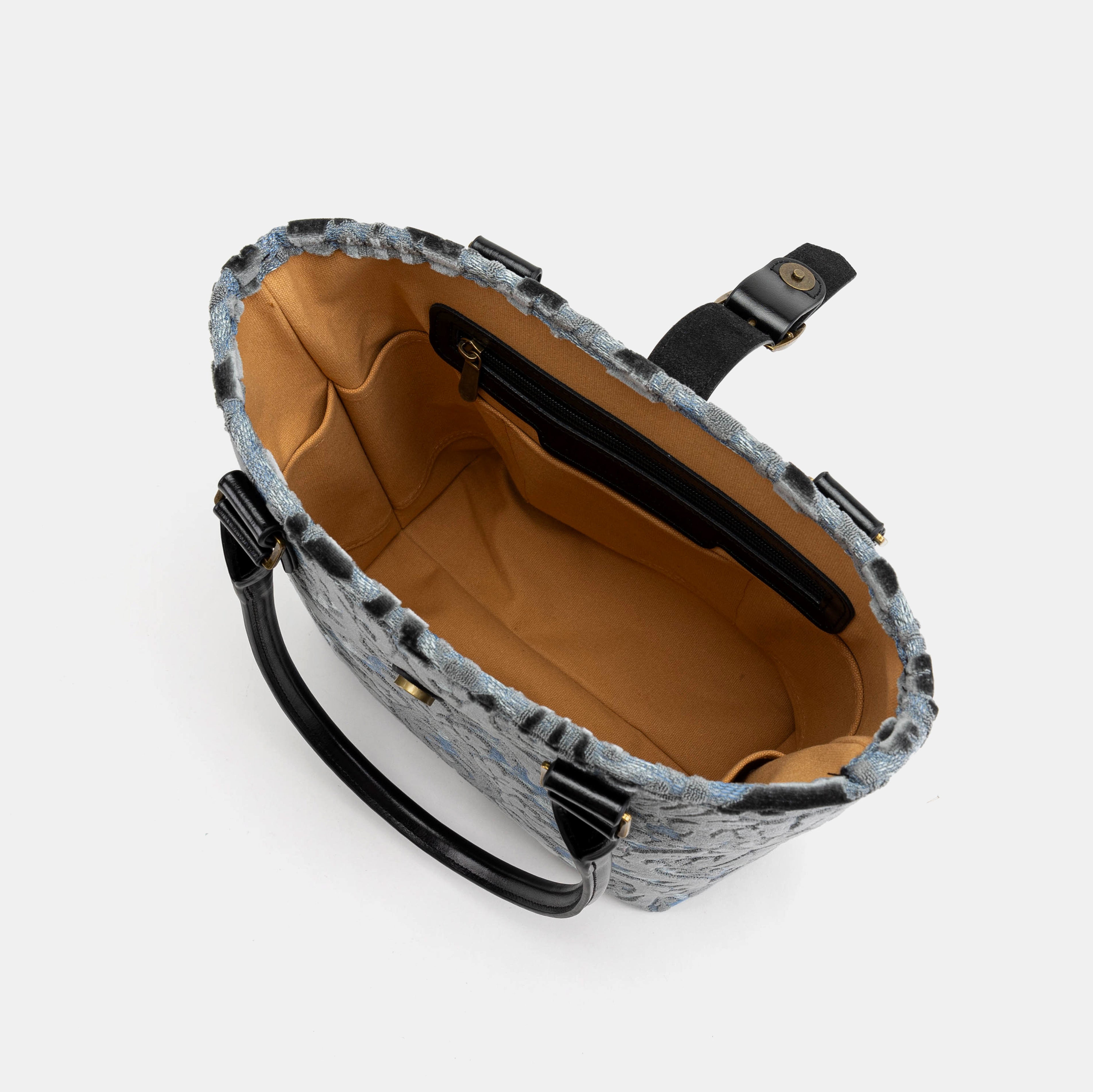 Burnout Velvet Steel Blue Everyday Tote Carpetbagger Carpetbag of America inside