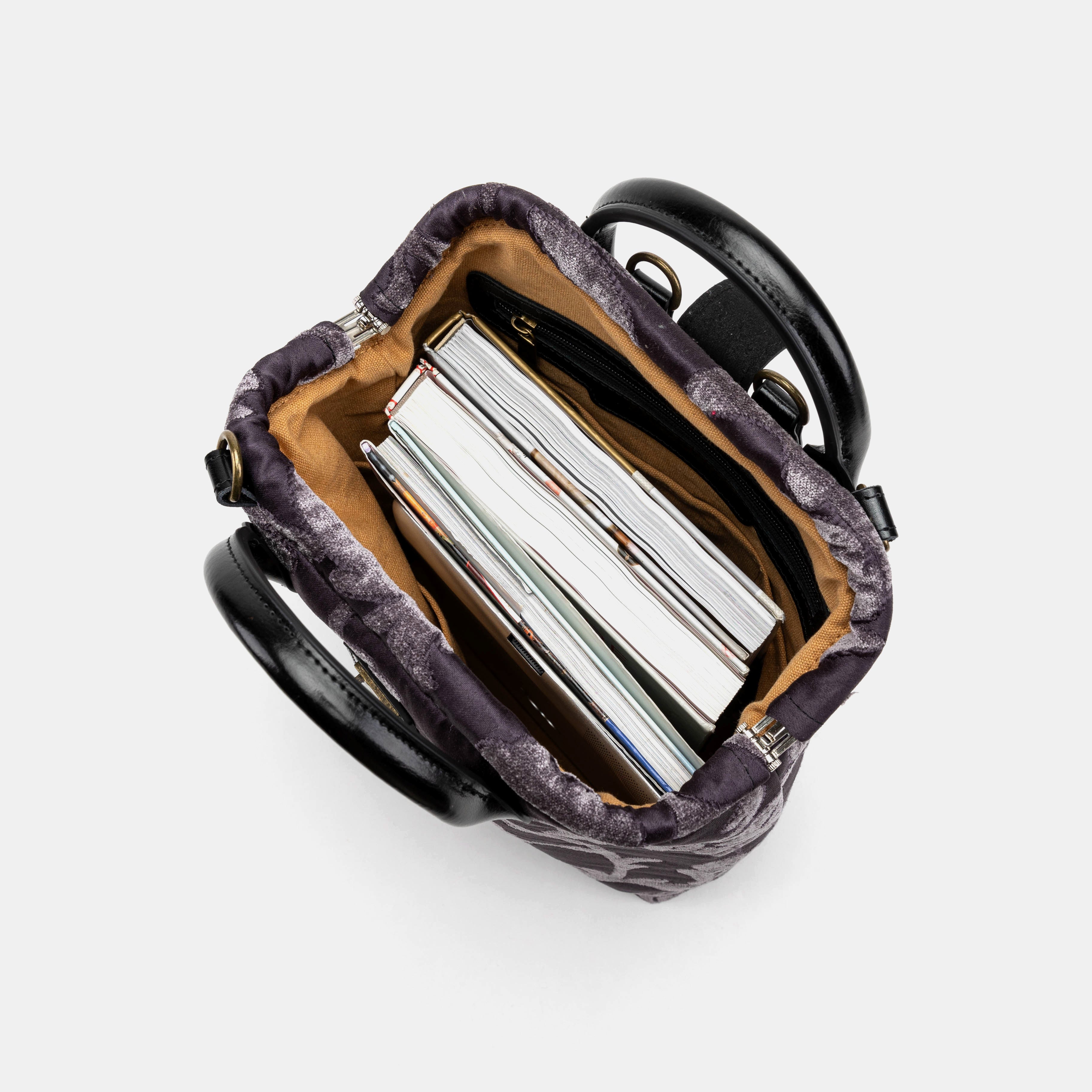 Floral Brocade Purple Carpet Everyday Backpack Carpetbag of America in use