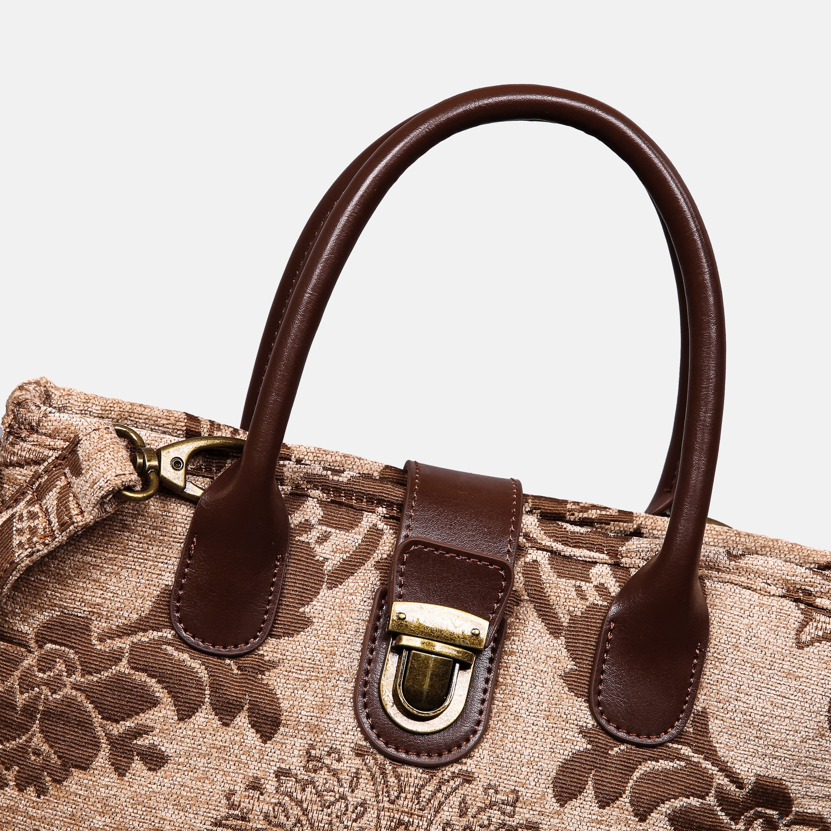 Griccia Camel Tuck Lock Carpet Satchel Carpetbag of America buckle detail