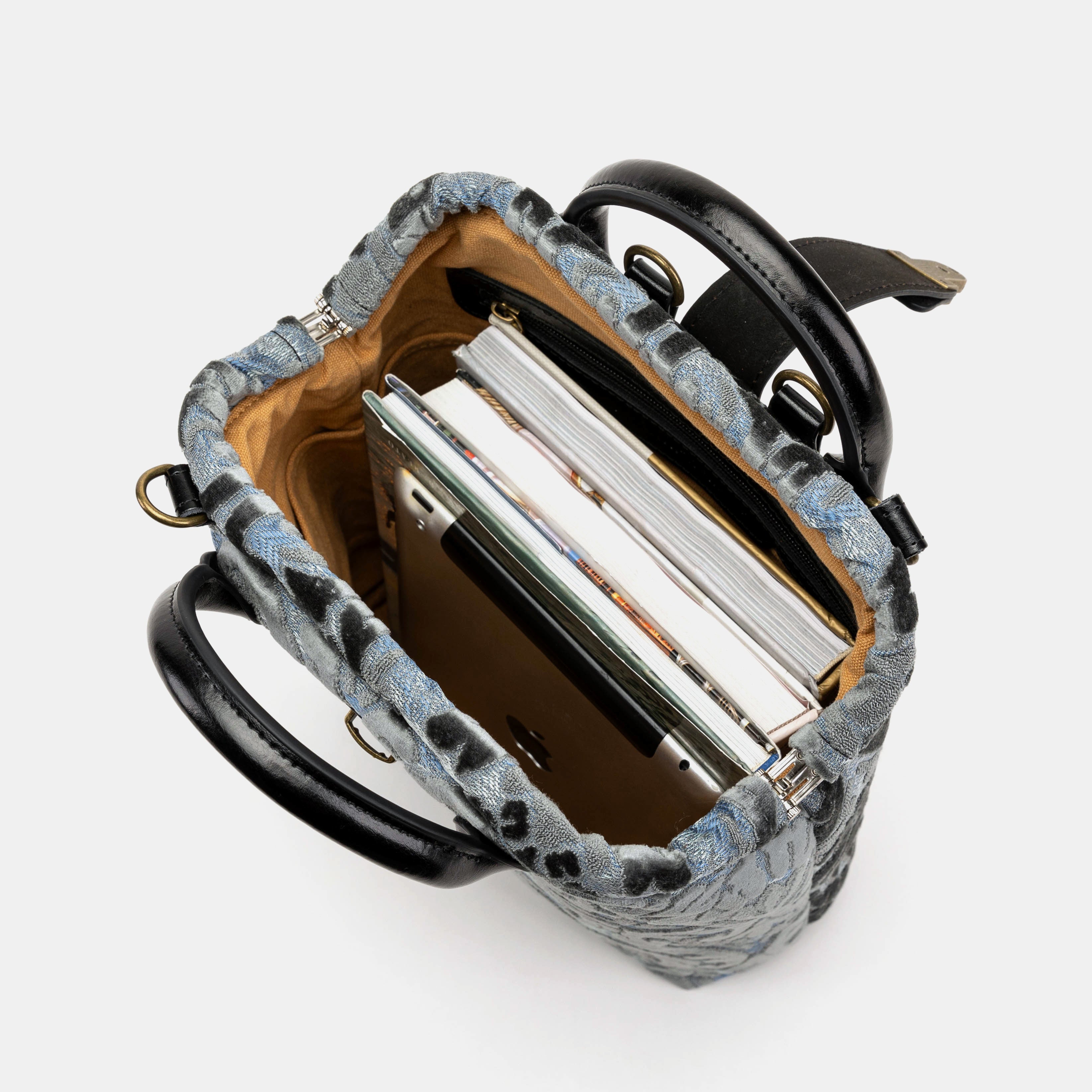 Burnout Velvet Steel Blue Everyday Backpack in use