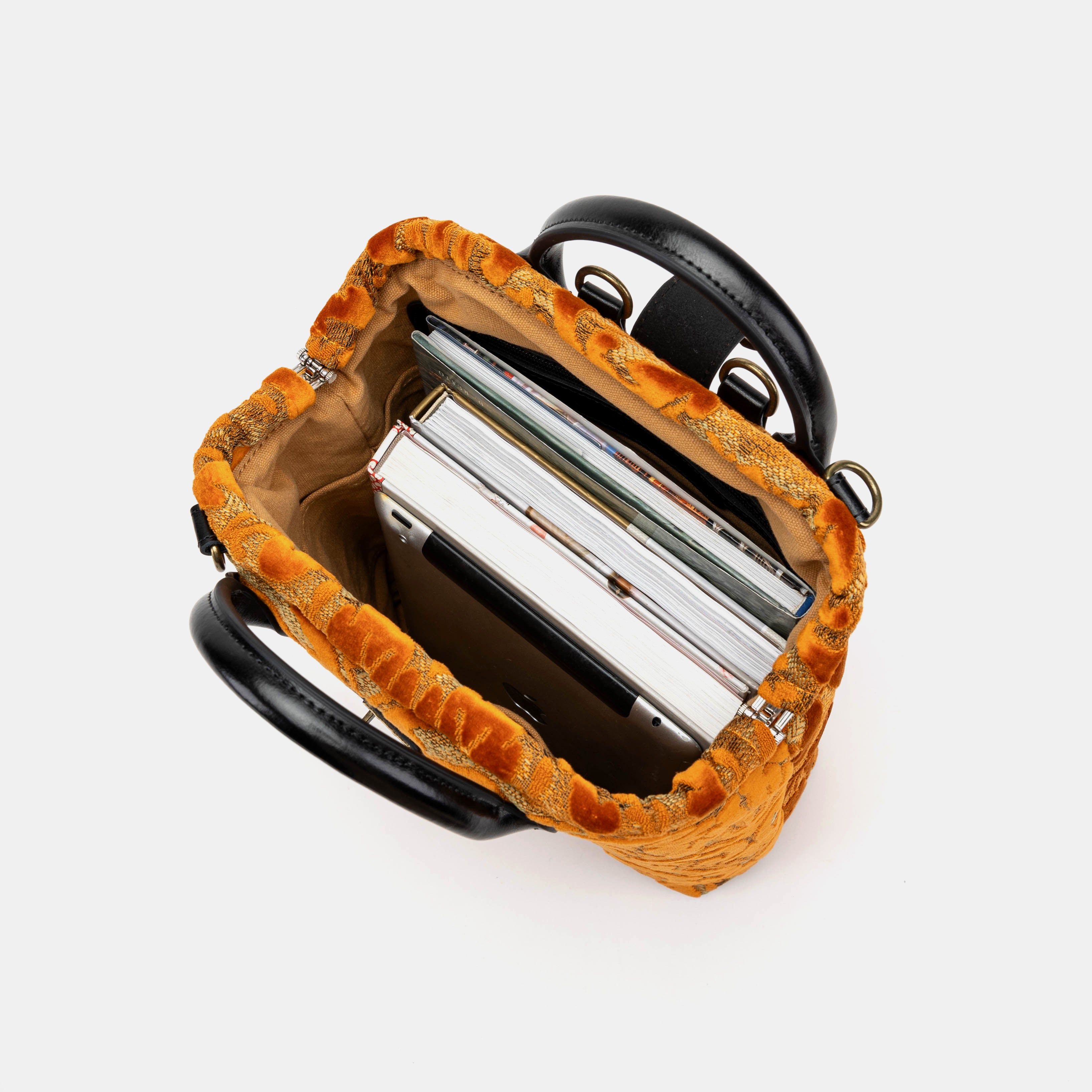 Burnout Velvet Orange Carpet Everyday Backpack Carpetbag of America inuse