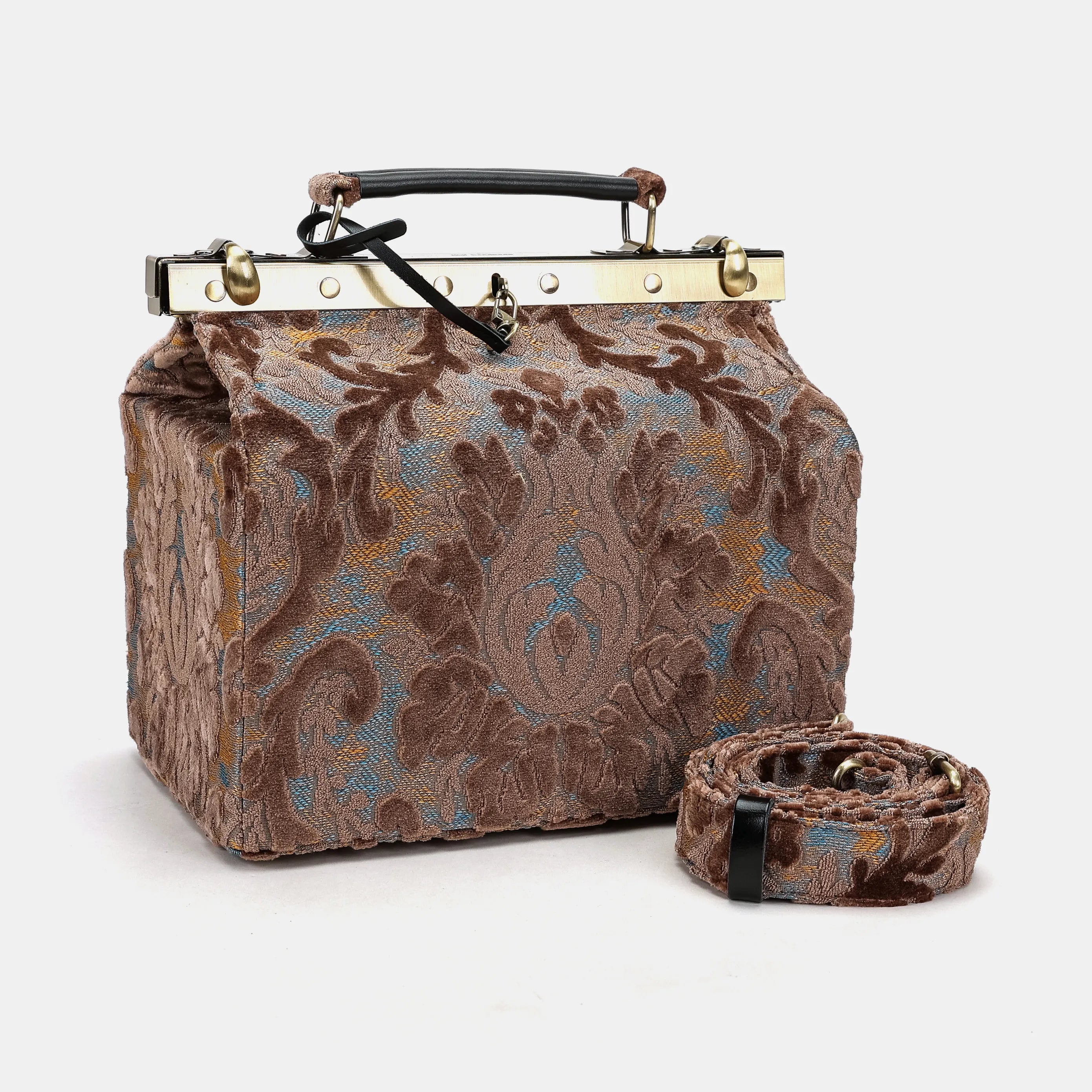 Burnout Velvet Camel Vivienne Carpet Purse Gladstone Bag of America with shoulder strap