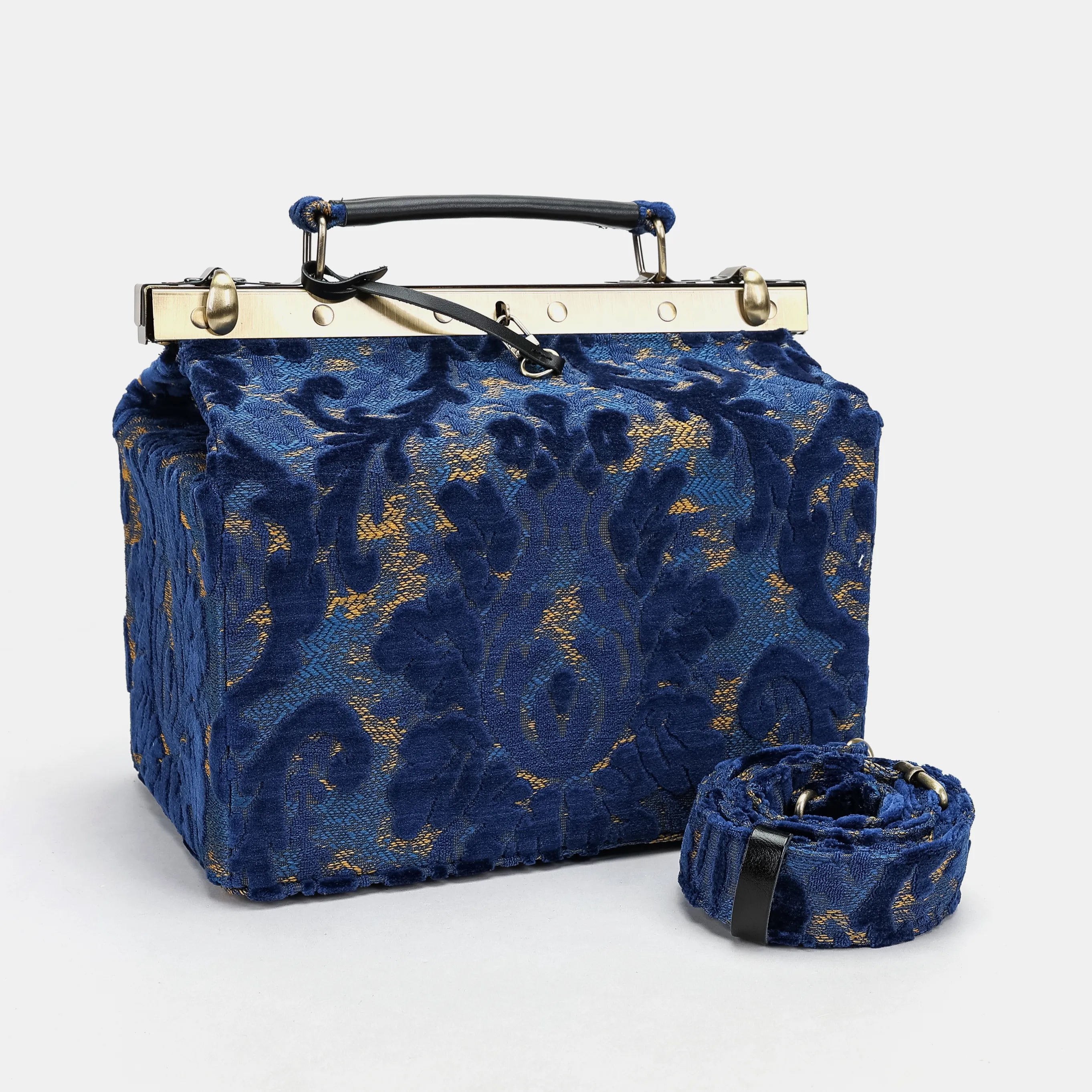 Burnout velvet Navy Vivienne Carpet Purse Gladstone Bag of America with shoulder strap