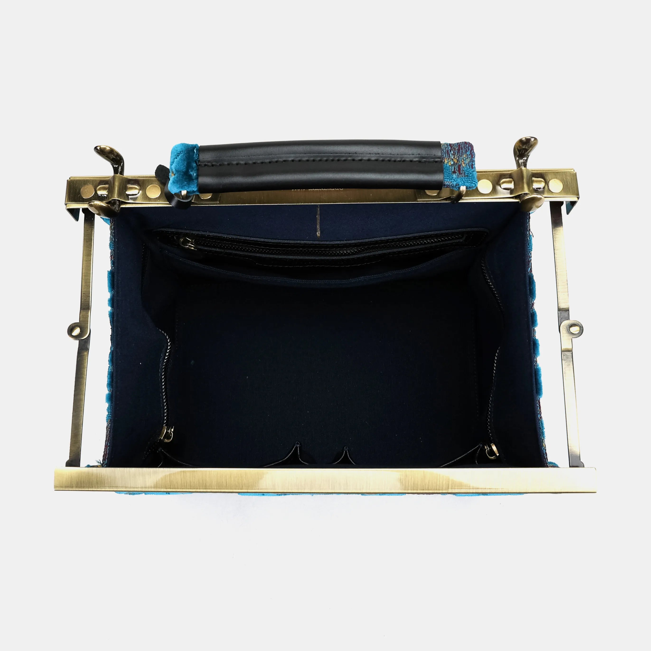 Burnout velvet Aqua Blue Vivienne Carpet Purse Gladstone Bag of America inside