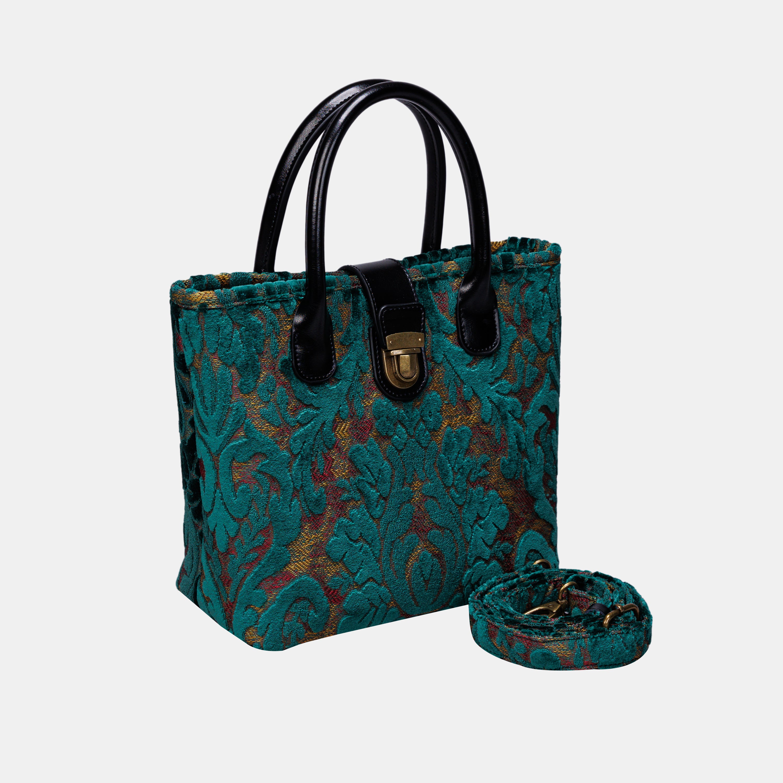 Burnout Velvet Jade Green Tuck Lock Carpet Satchel carpet bag MCW Handmade-1