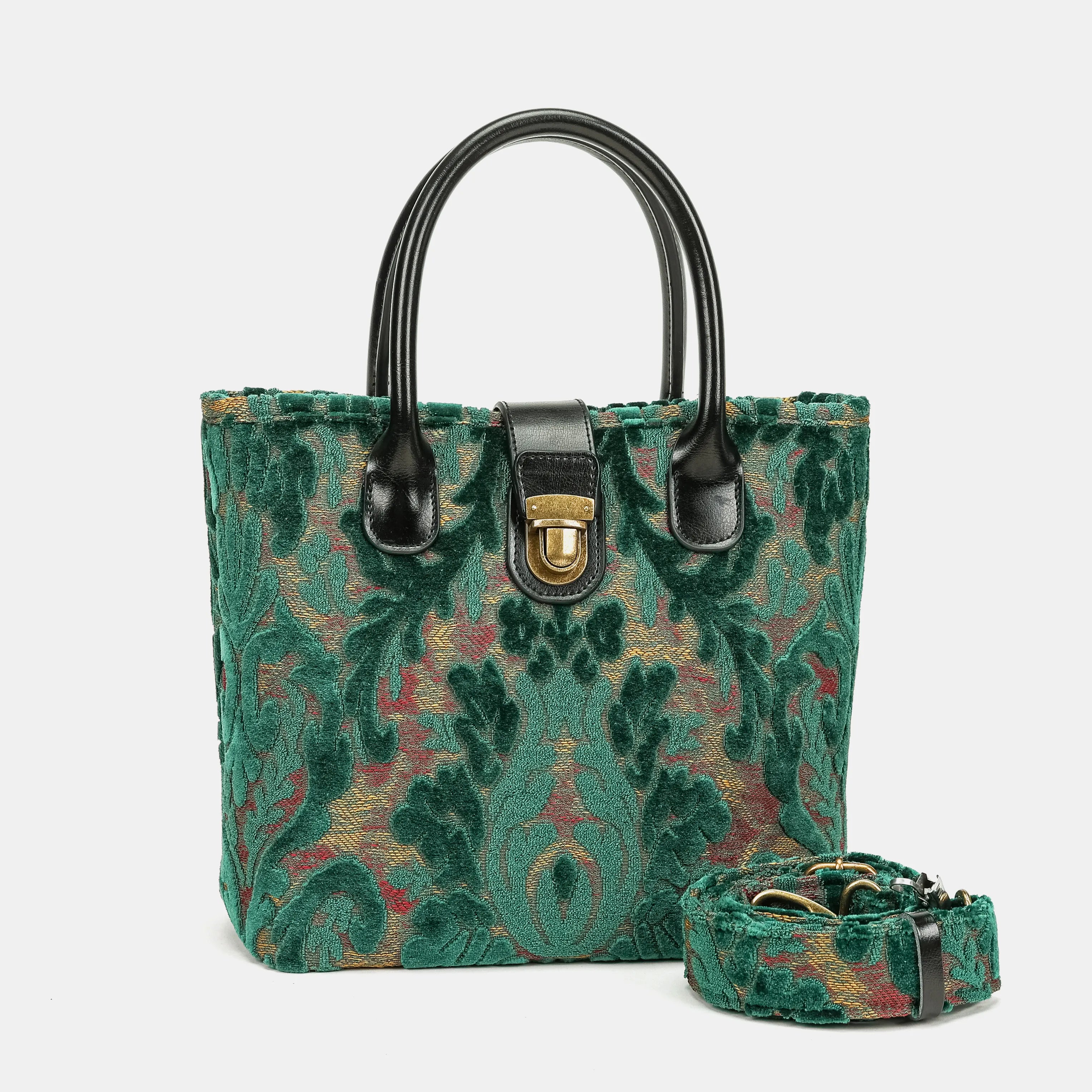 Burnout Velvet Jade Green Tuck Lock Carpet Satchel