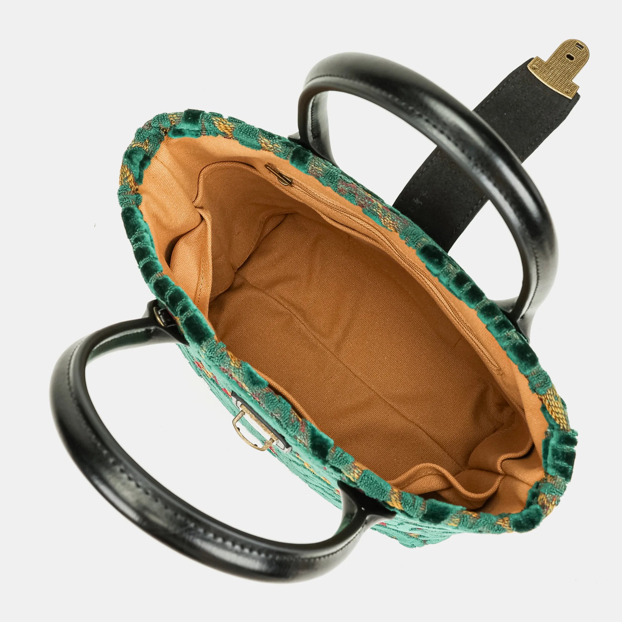 Burnout Velvet Jade Green Tuck Lock Carpet Satchel of America inside