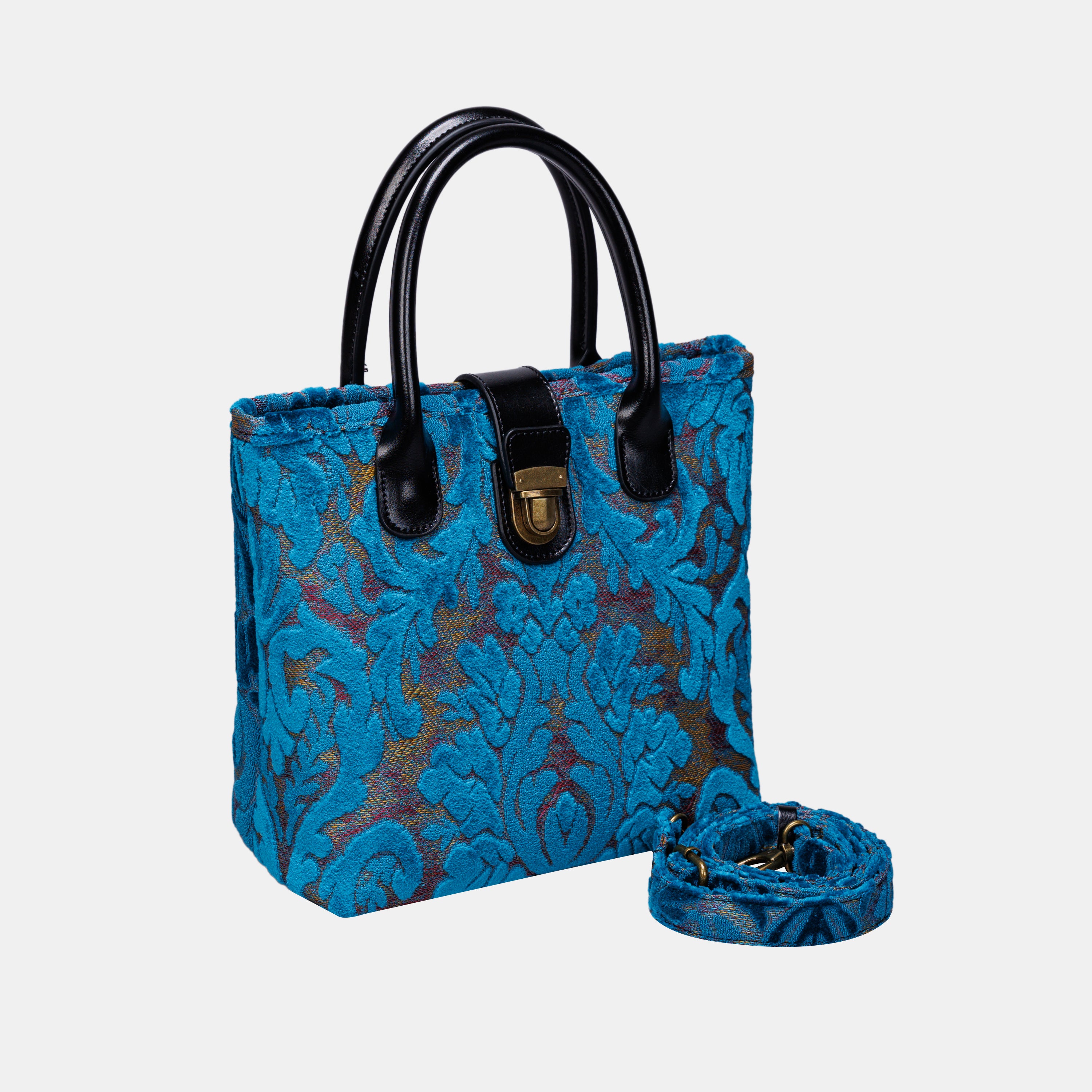 Burnout Velvet Aqua Blue Tuck Lock Carpet Satchel carpet bag MCW Handmade-1