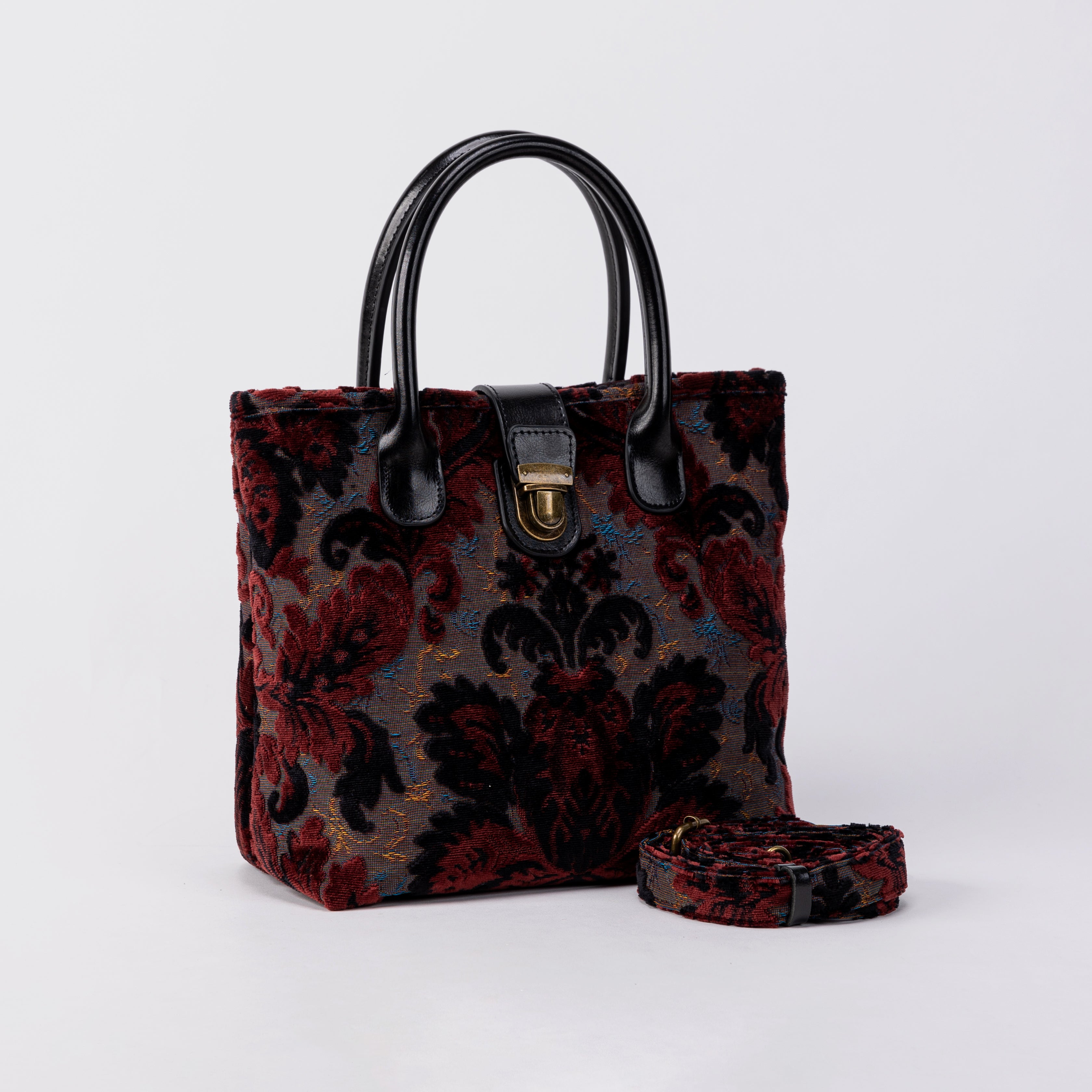 Burnout Velvet Revival Sephia Tuck Lock Carpet Satchel with belt