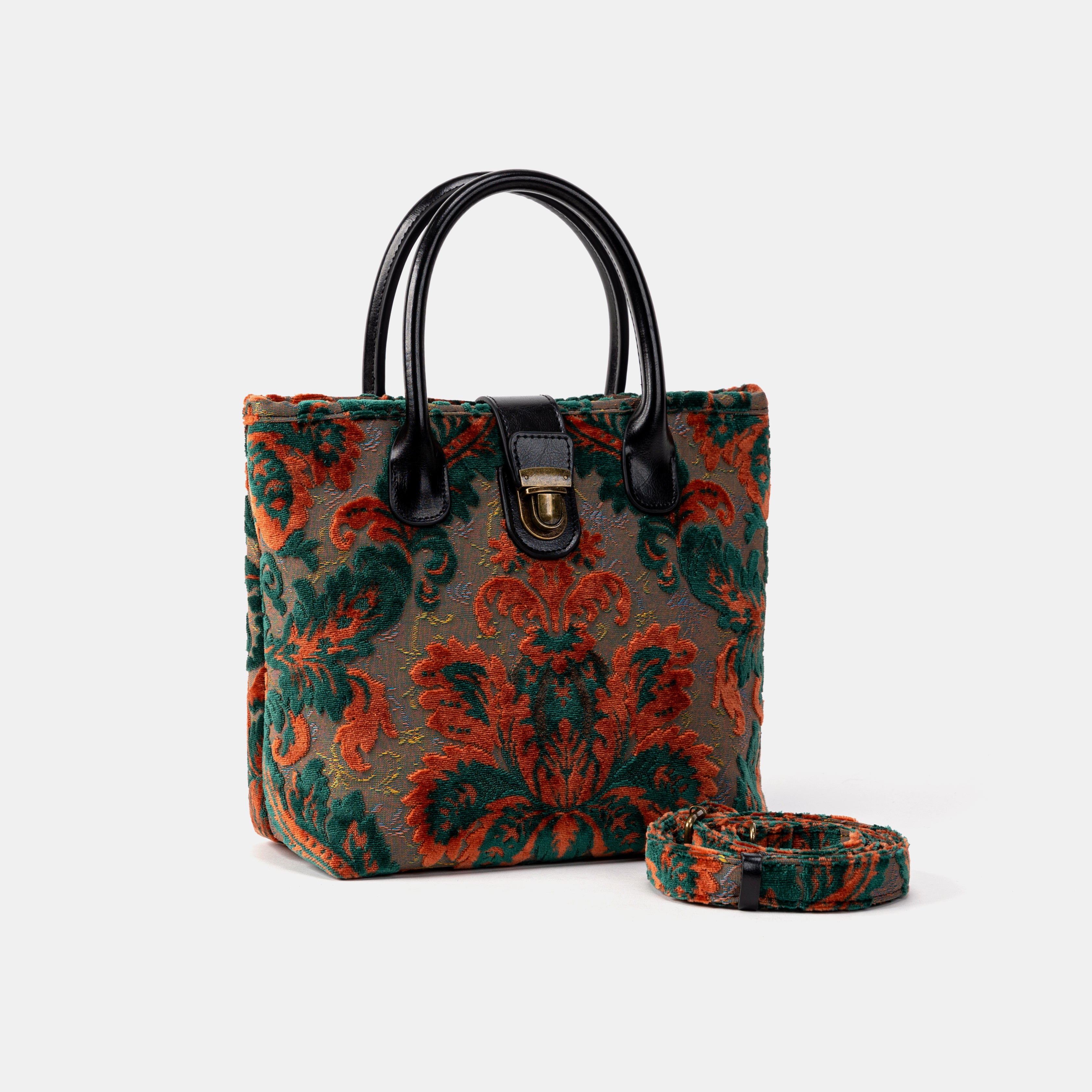 Burnout Velvet Revival Jade Tuck Lock Carpet Satchel with belt