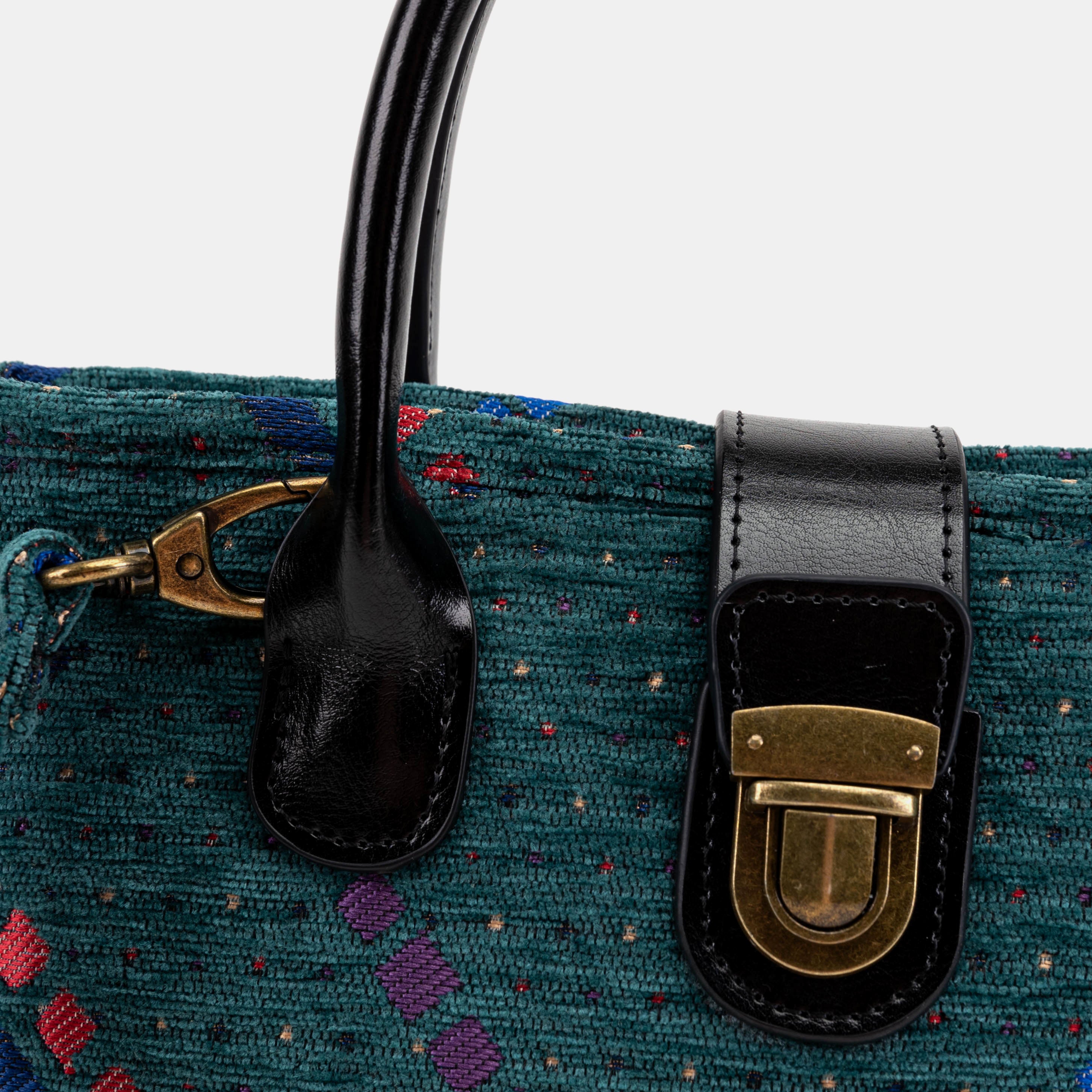 PDX Portland Airport Tuck Lock Carpet Satchel detail