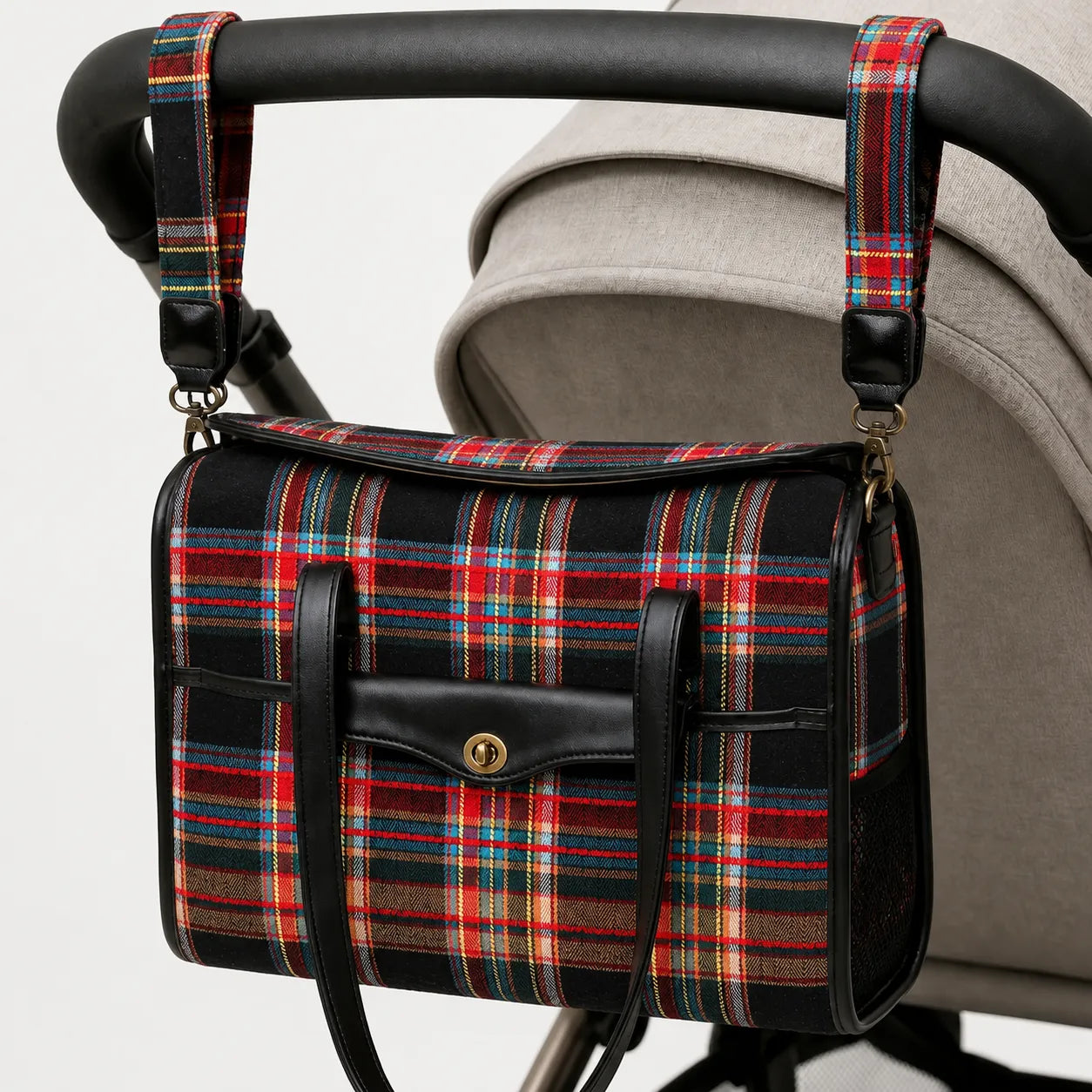 Tartan Stewart Black Vintage Carpet Diaper Bag Carpetbag of America hang