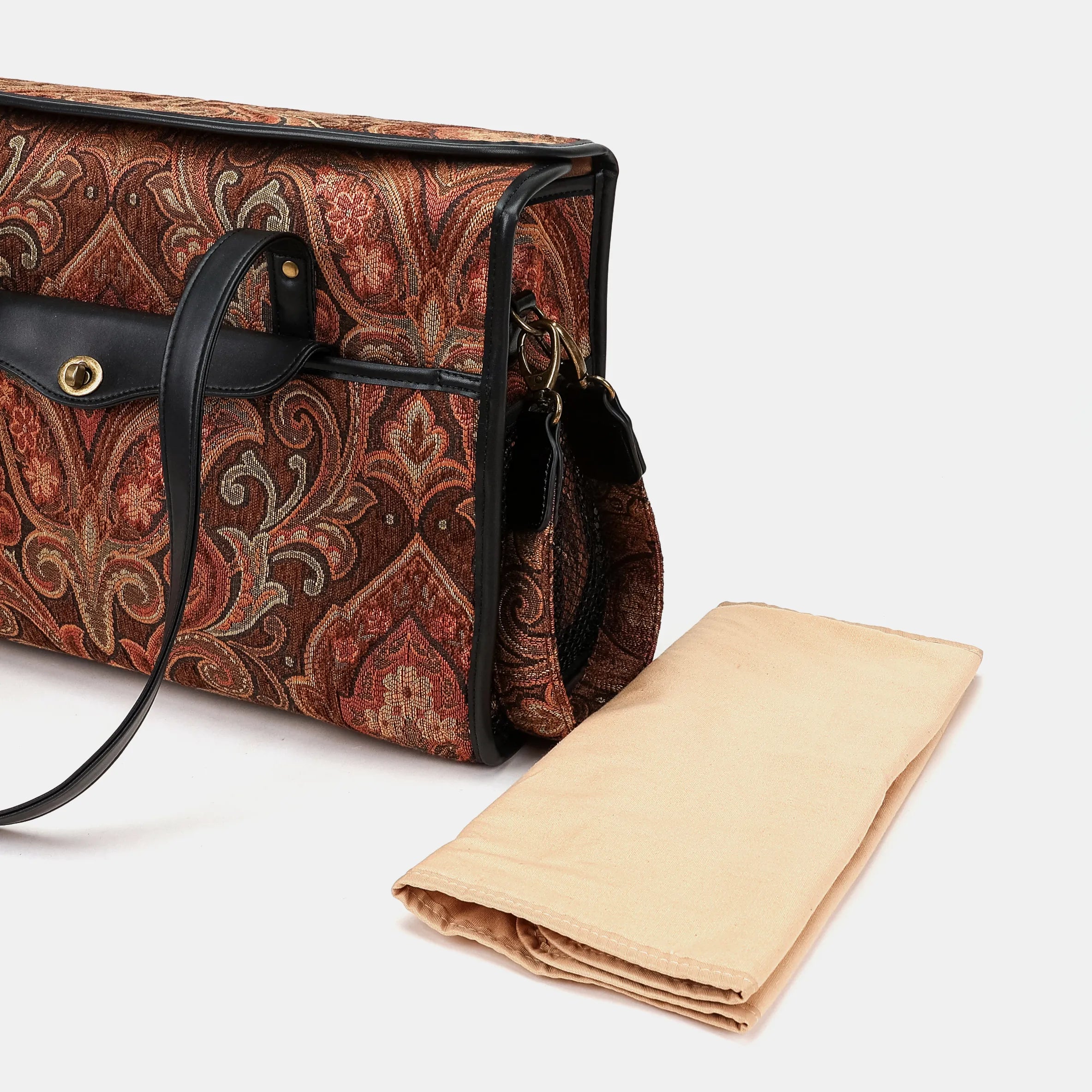 Damask D. Brown Vintage Carpet Diaper Bag Carpetbag of America changing mat