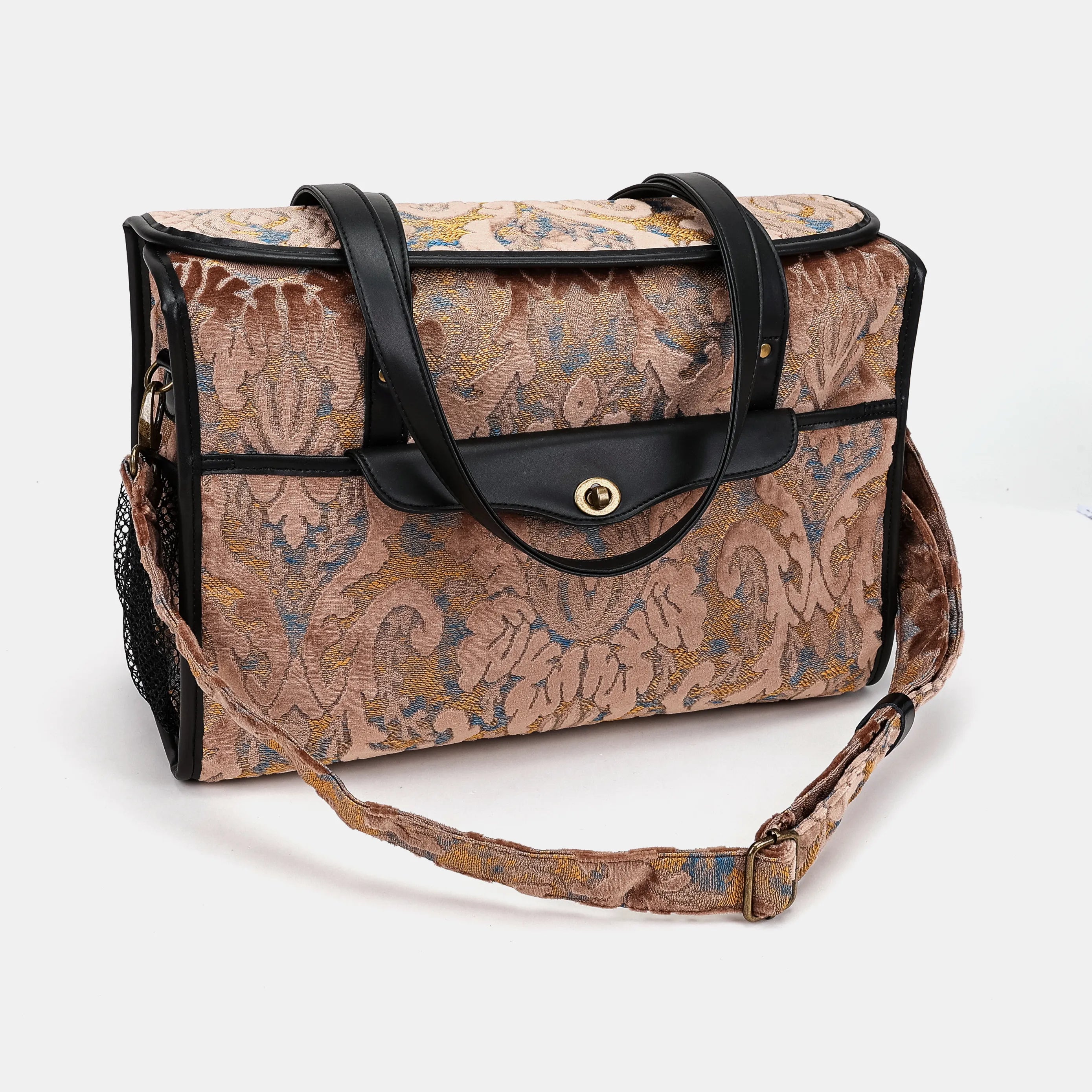 Burnout Velvet Camel Vintage Carpet Diaper Bag of America with shoulder strap
