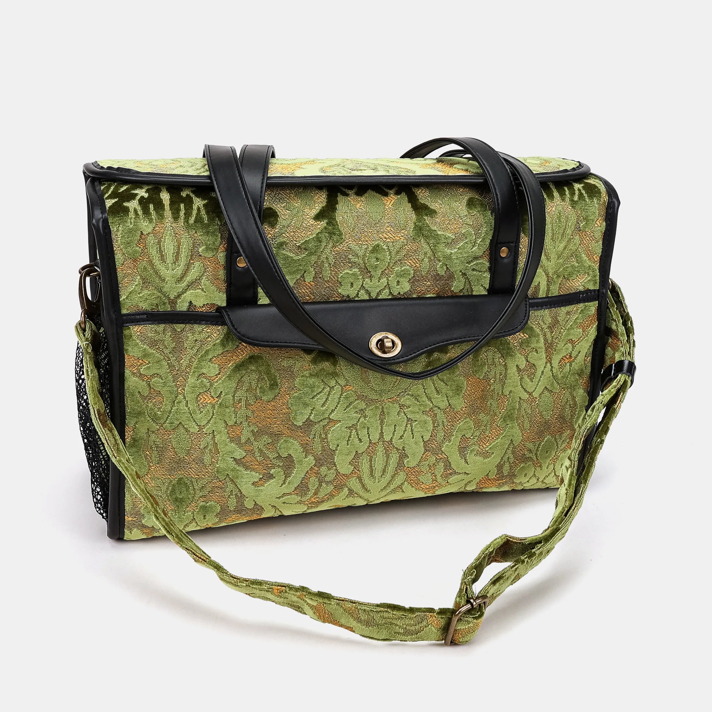 Burnout Velvet Fern Green Vintage Carpet Diaper Bag of America with shoulder strap