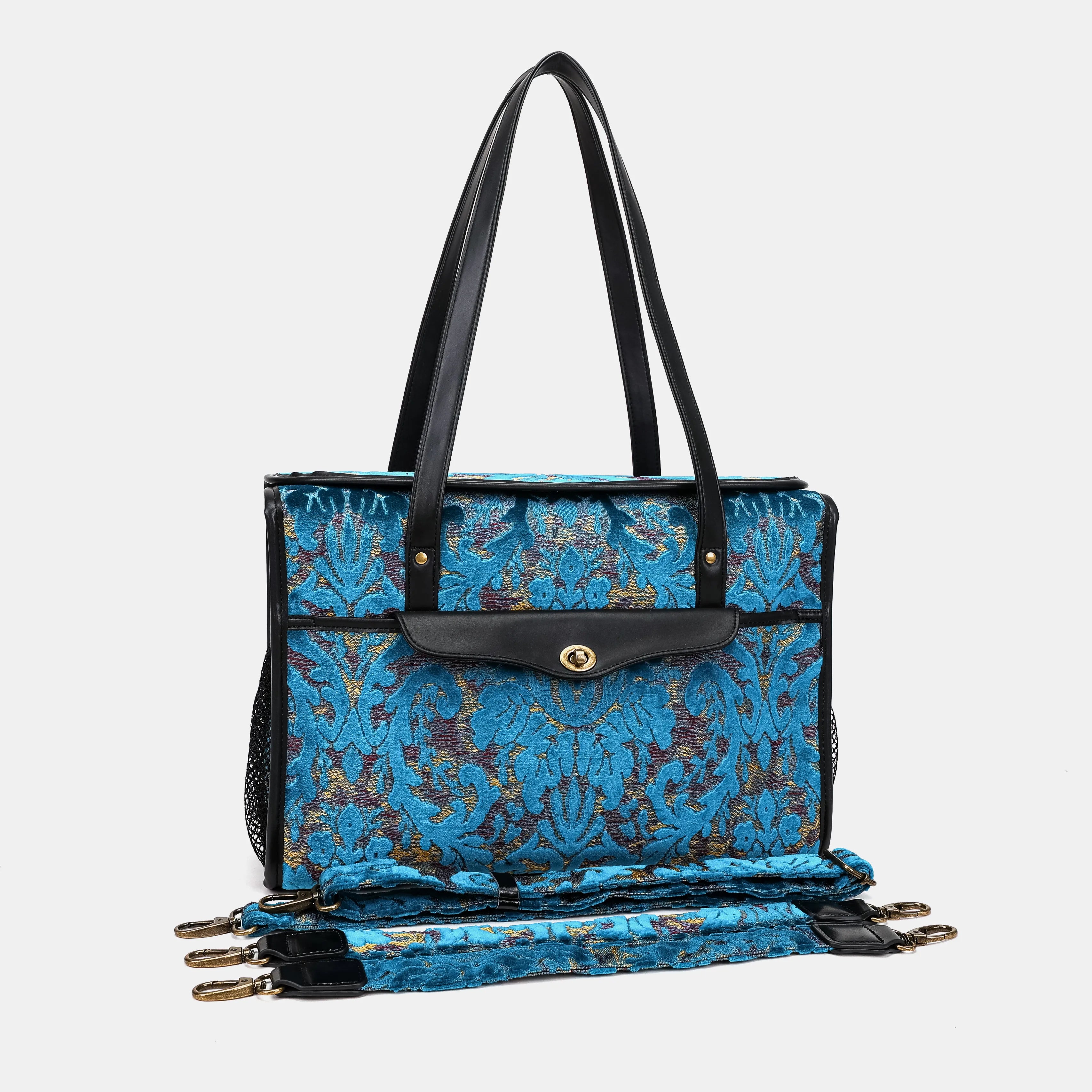 Burnout Velvet Aqua Blue Vintage Carpet Diaper Bag of America with straps
