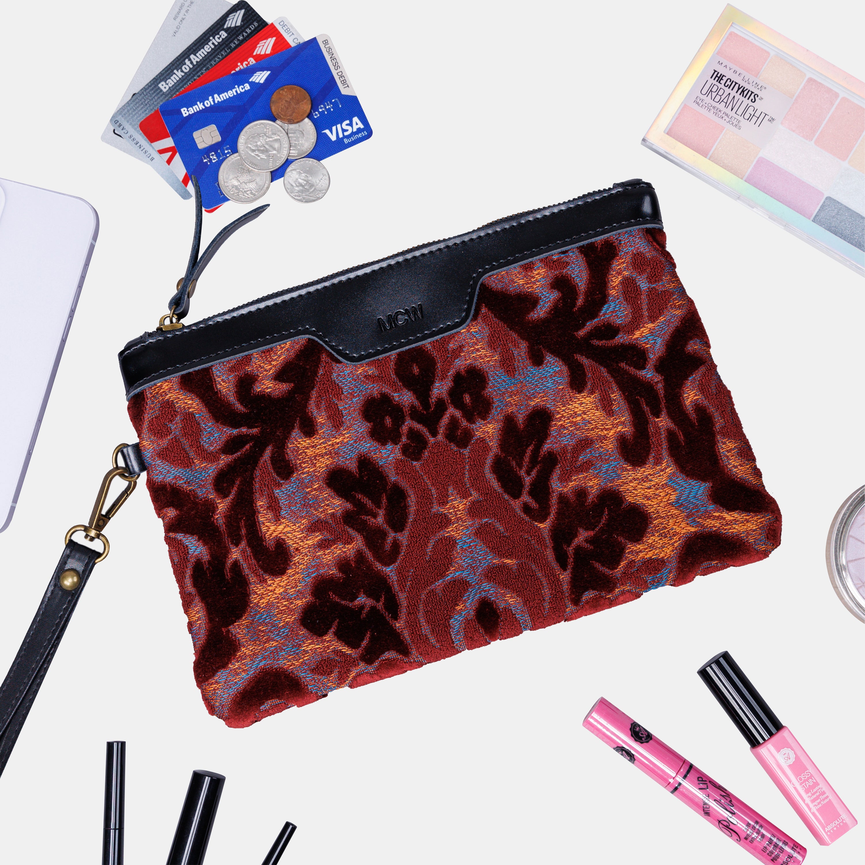 Burnout Velvet Wine Wristlet Clutch carpet bag MCW Handmade-1