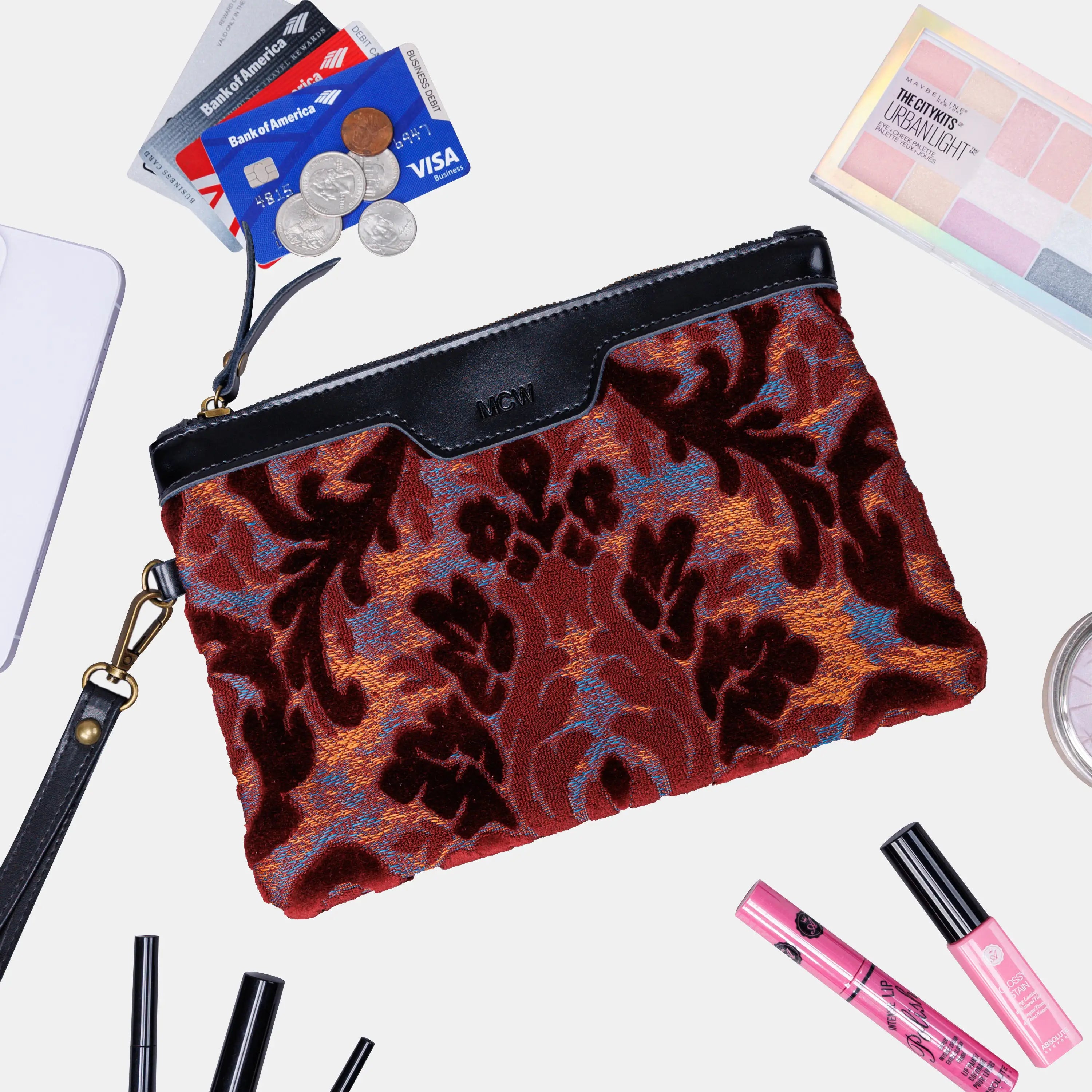 Burnout Velvet Wine Wristlet Clutch carpet bag MCW Handmade-1
